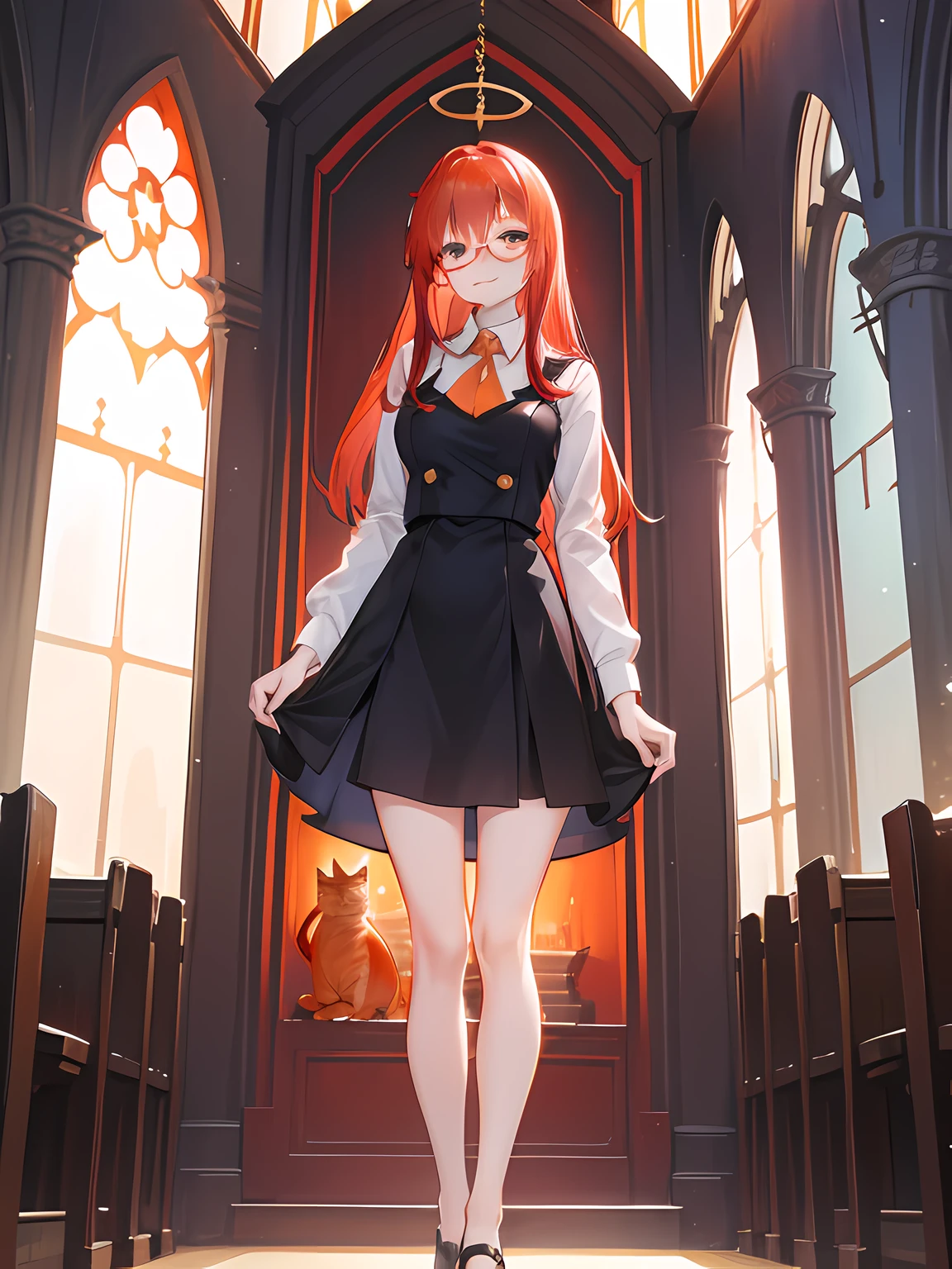 best qualtiy,Full body like,Red-haired girl,Refined face,A confident and gentle smile,Lawyer dress-up,wears glasses,Magic starlight,Stand in front of the church bell,Orange cat at the feet。