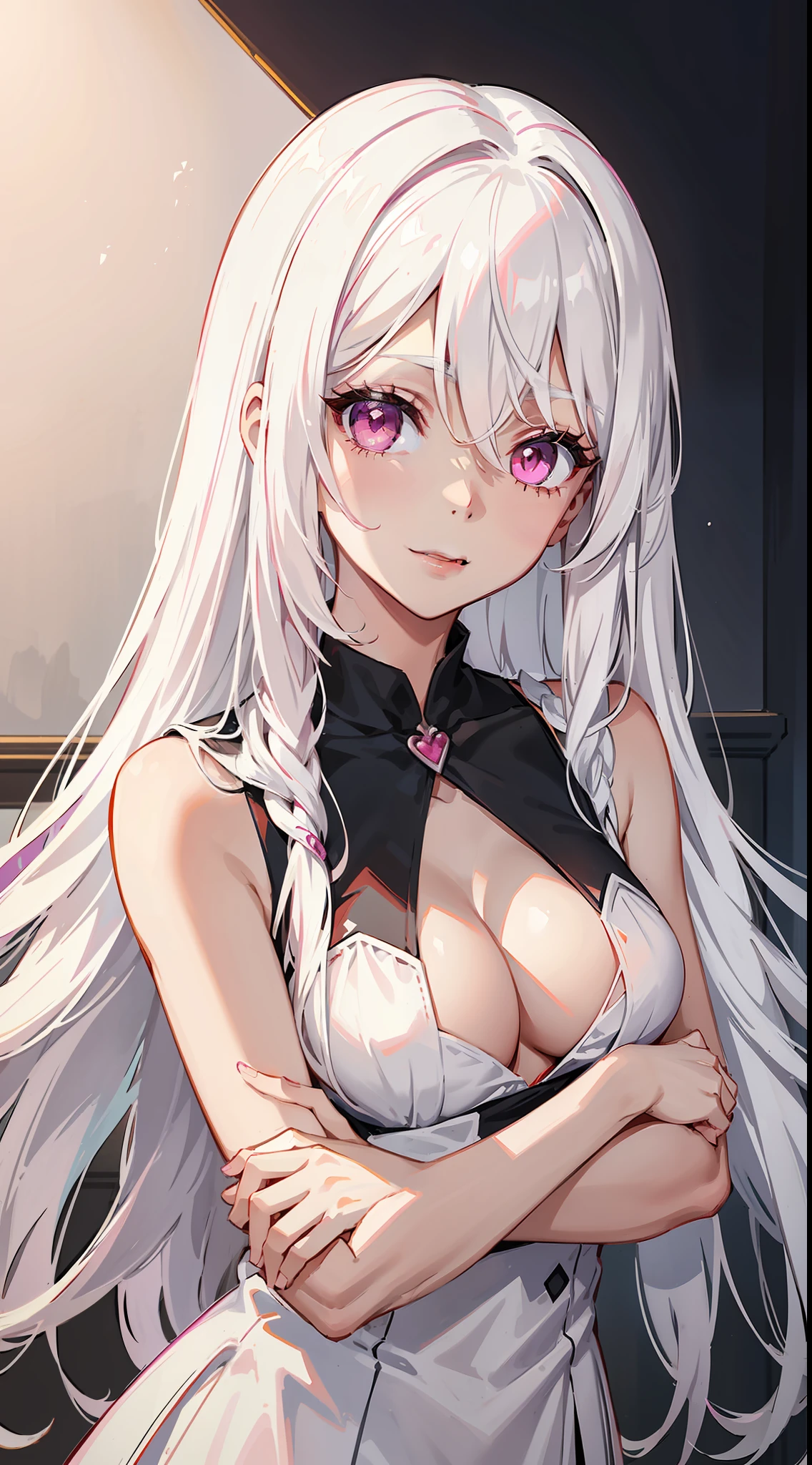 young girl, black skin, Long white hair with a pink parting, pink eyes, smirk, Vampire, White rich dress, Sleeveless, open breasts, Masterpiece, hiquality