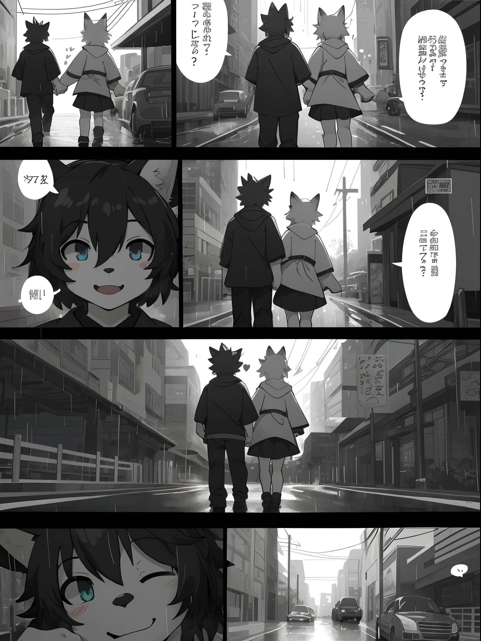 top quality, best quality, High-quality illustrations, highres, masterpiece, super high resolution, detailed background, under the rain, natta, Roads where cars come and go, 6+boys, 6+girls, absurdres(highly detailed beautiful face and eyes)perfect anatomy, good lighting, cinematic shadow, perplexed, smile, happy:0.5, Man and woman hugging each other, full body, upper shot(kemono, furry anthro)assorted poses, assorted expressions, assorted angles, dynamic angle(love story Bold cartoon-like panel layouts, speech balloon, Hand-drawn sound effects stickers used in manga),