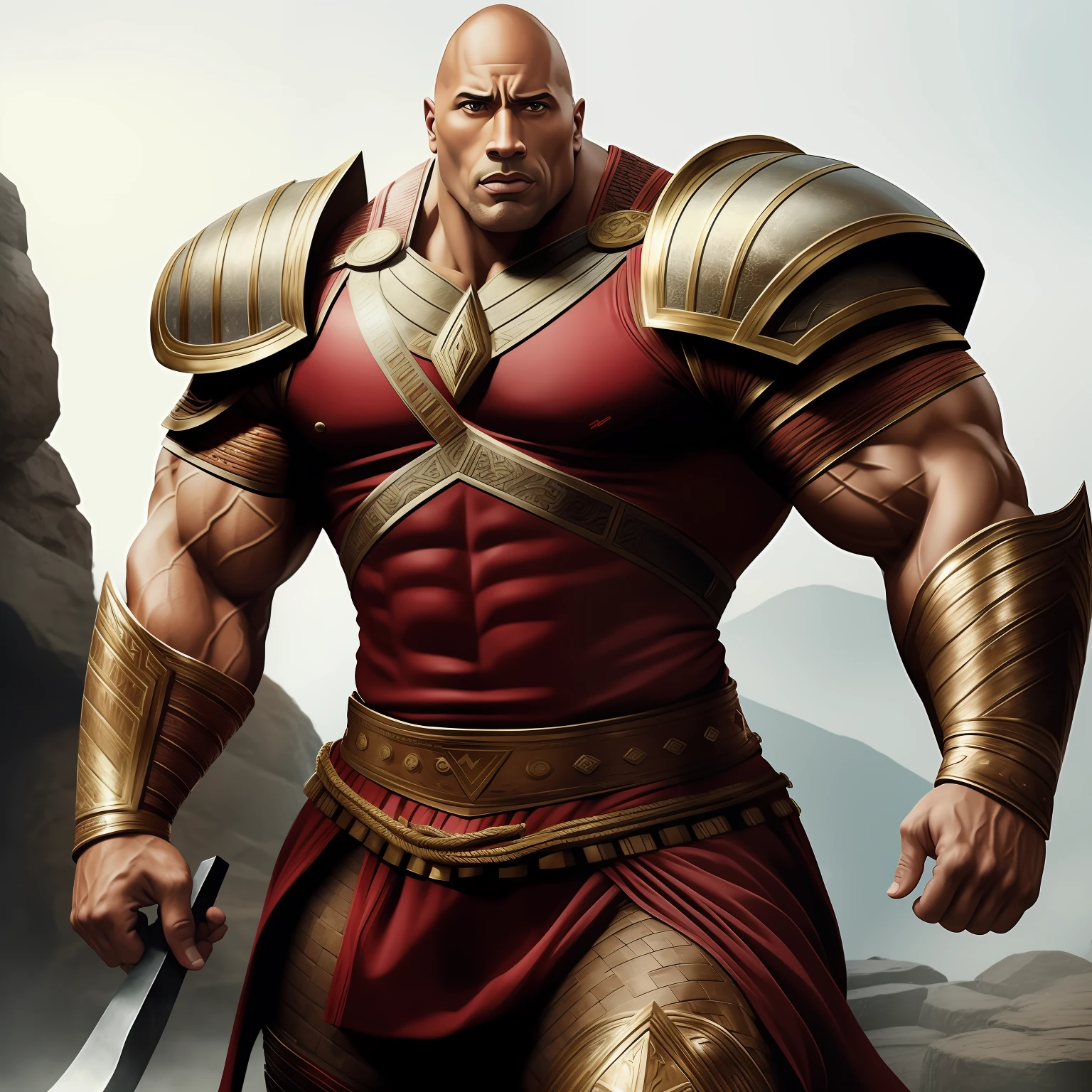 "Dwayne the Rock Johnson com barba branca, wearing completely red gladiator armor and positioned in completely white background, dynamic pose, accurate depiction, very detailed facial features."