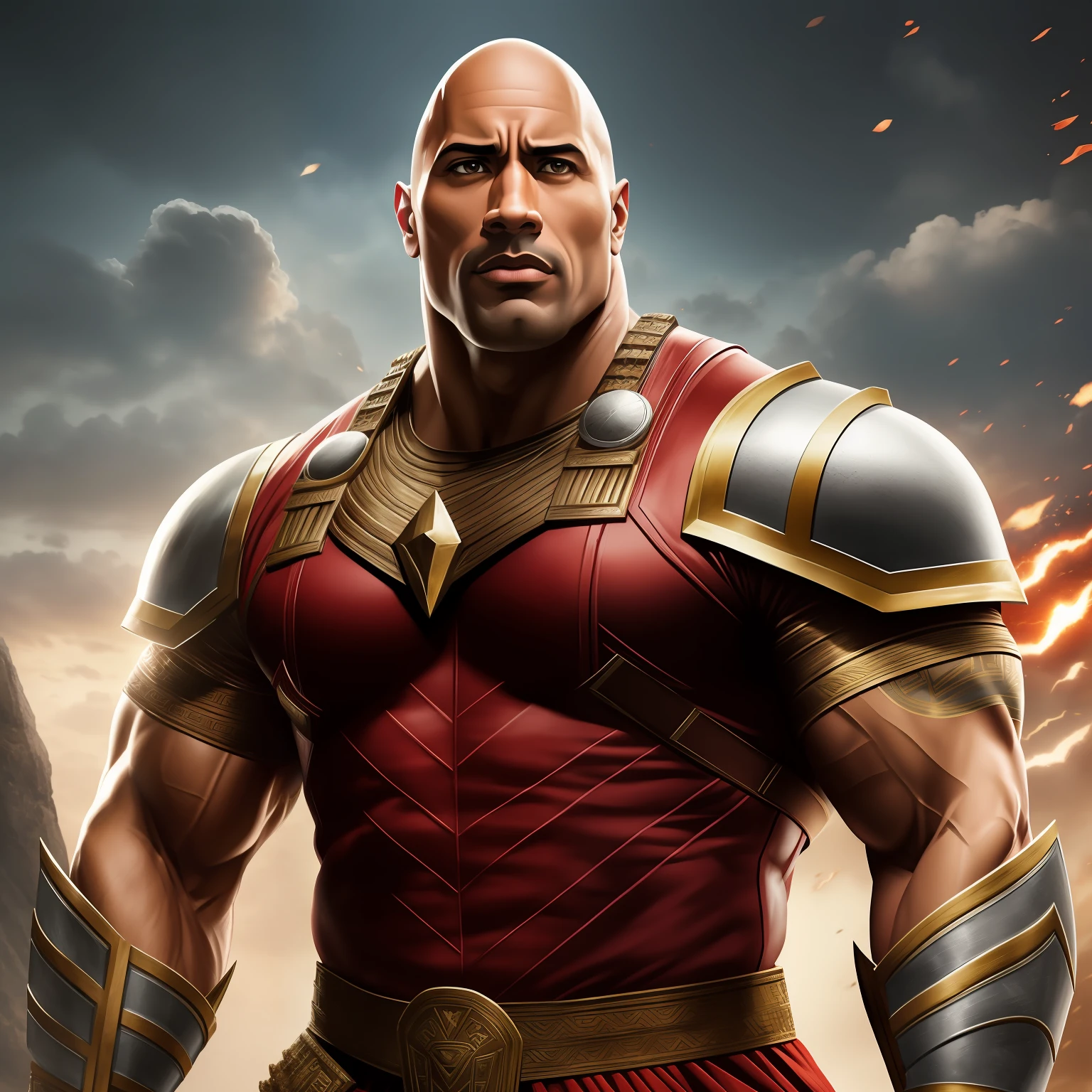 "Dwayne the Rock Johnson com barba branca, wearing completely red gladiator armor and positioned in completely white background, dynamic pose, accurate depiction, very detailed facial features."