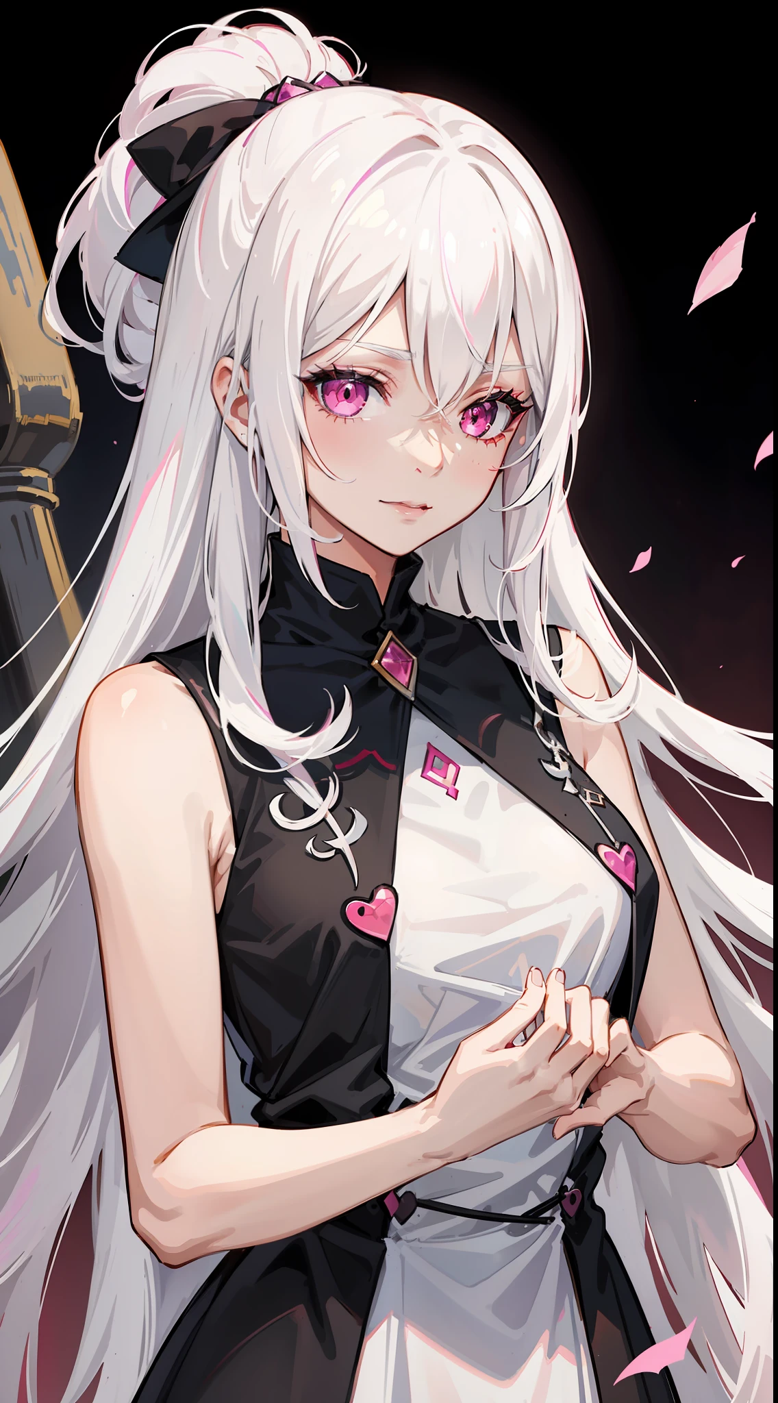 young girl, black skin, Long white hair with a pink parting, pink eyes, smirk, Vampire, White rich dress, Sleeveless, open breasts, Masterpiece, hiquality