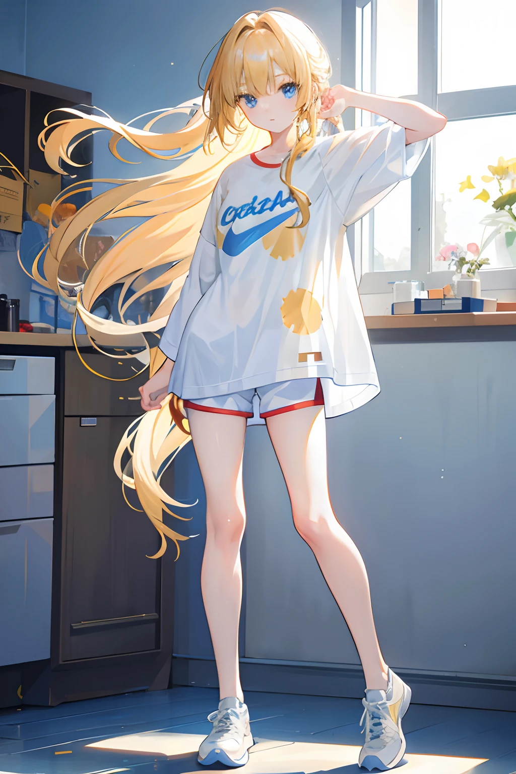 A girl,golden hair ,The sun shines,blue colored eyes,Single horsetail,long whitr hair,White top pajamas,Bottoms super shorts,athletic sneakers,standing on your feet,full bodyesbian