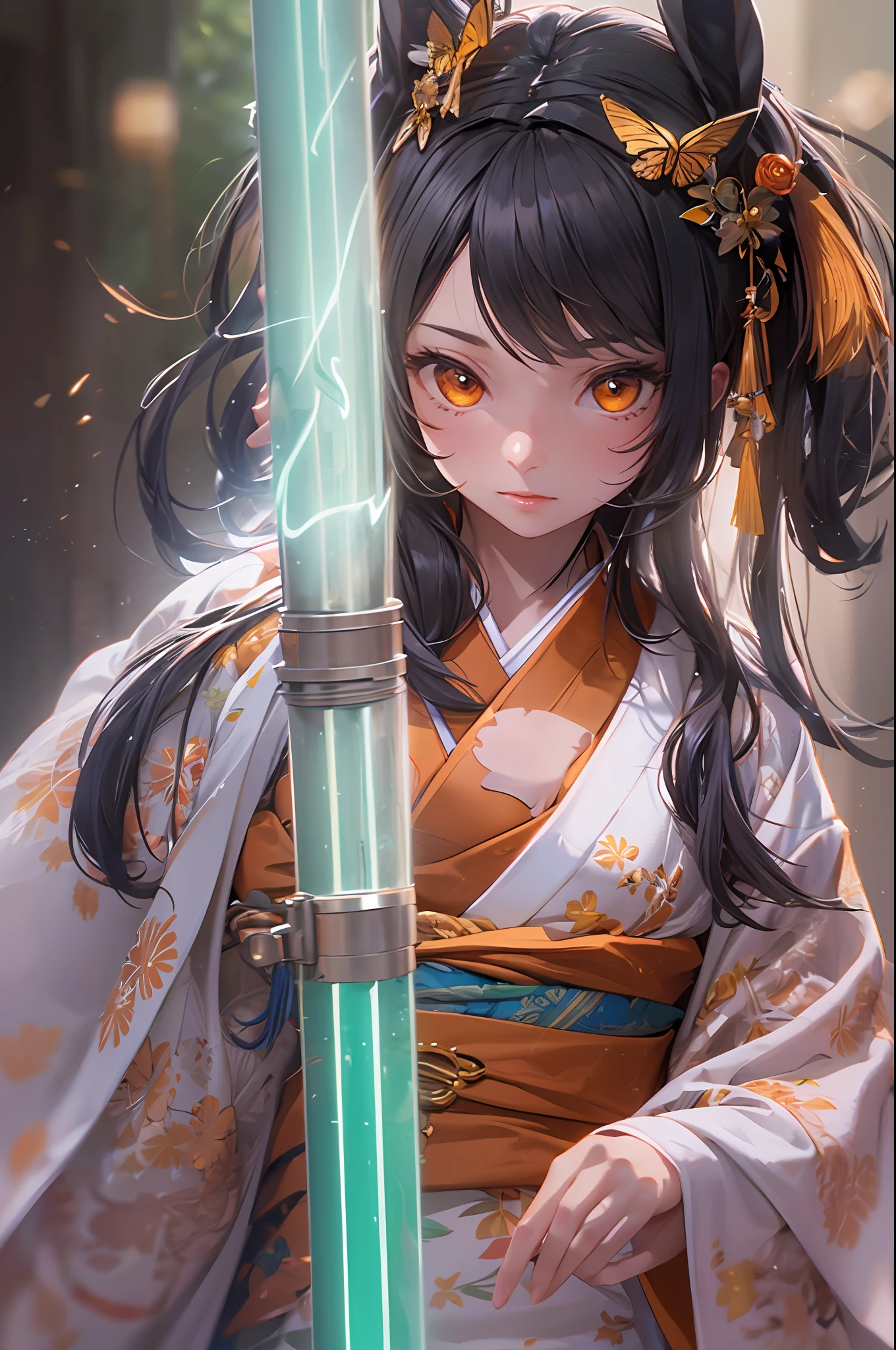 Bunny girl black hair orange eyes dressed in a kimono holding a lit lightsaber in left hand lightsaber blade void(delicate illustration:1.4),(masterpiece:1.0), (best quality:1.4), (ultra highres:1.2), (photorealistic:1.4), (8k, RAW photo:1.2), (soft focus:1.4), (3 year old), (sharp focus:1.4), detailed beautiful face(High detail)(Toys)(Stuffed Animals)(masterpiece:1.2) (photorealistic:1.2) (bokeh) (best quality) (detailed skin:1.3) (intricate details) (8k) (high poly) (ray tracing) (cinematic lighting) (sharp focus)