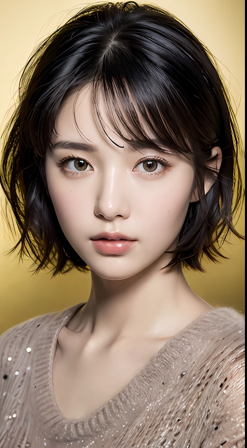 (masterpiece:1.3), (8k, photorealistic, RAW photo, best quality: 1.4), (1girl), beautiful face, (realistic face), (black hair, short hair:1.3), beautiful hairstyle, realistic eyes, beautiful detailed eyes, (realistic skin), beautiful skin, (sweater), absurdres, attractive, ultra high res, ultra realistic, highly detailed, golden ratio
