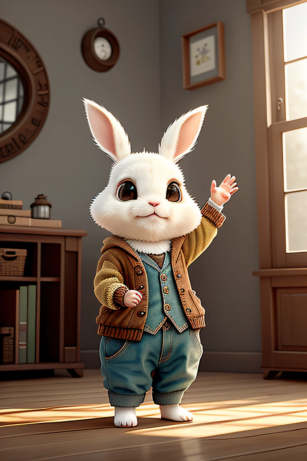 Cute adorable little bunny waving and smiling greeting me, unreal engine, cozy interior lighting, art station, detailed digital painting, cinematic, character design by mark ryden and pixar and hayao miyazaki, unreal 5, daz, hyper realistic, octane render, 3DMDT1