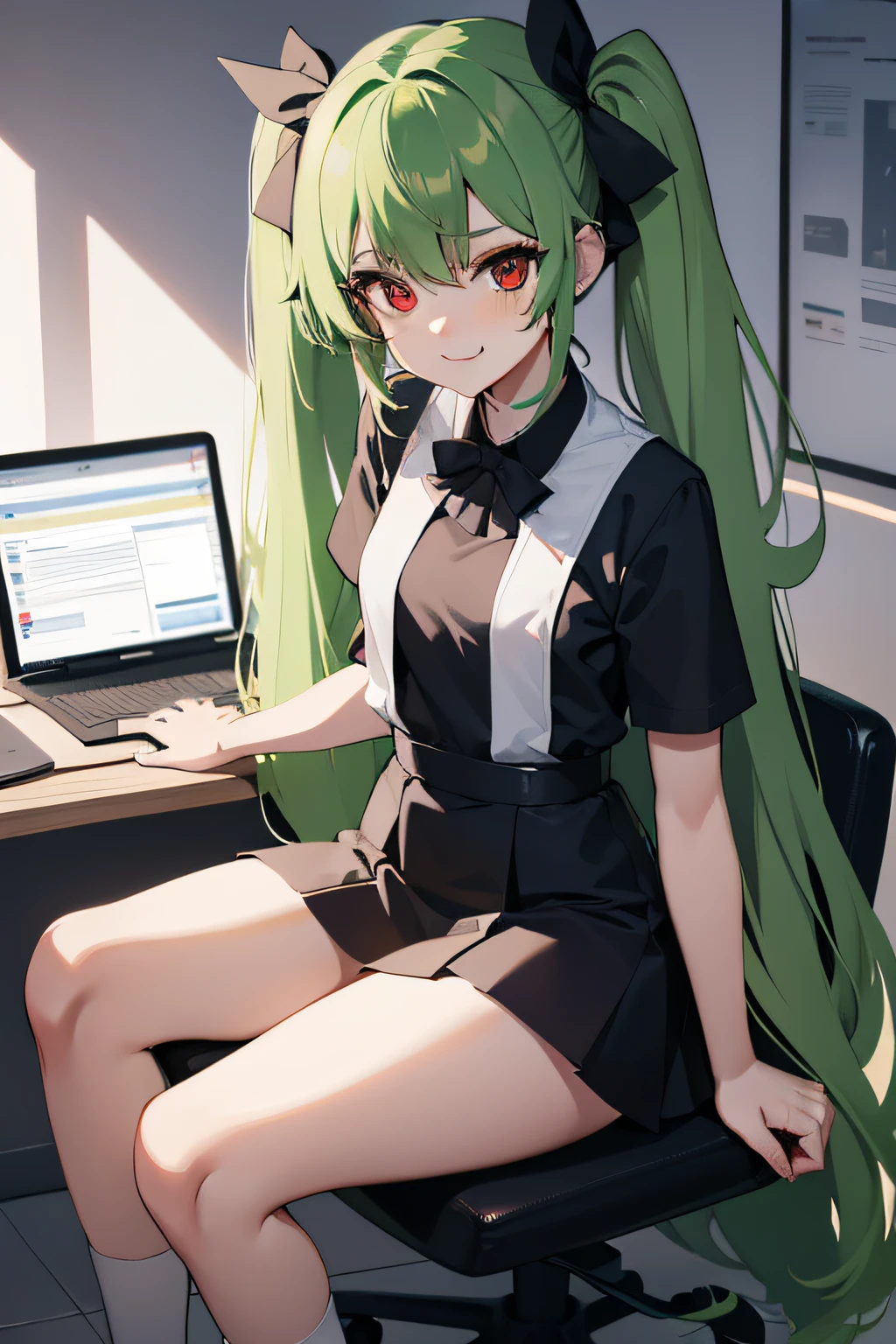 A beautiful girl, anime style girl, green hair, straight hair, long hair, twin tail, tied up with a black ribbon, red eyes, In the laboratory, holding a test tube, a computer, a bandage around wrist, wearing a long doctor's gown, black skirt, crossing its legs, sitting on the chair, dark, smiling, (small breasts), 8k, super detail, masterpiece, high quality, high resolution, high detail, high face detail, HD quality