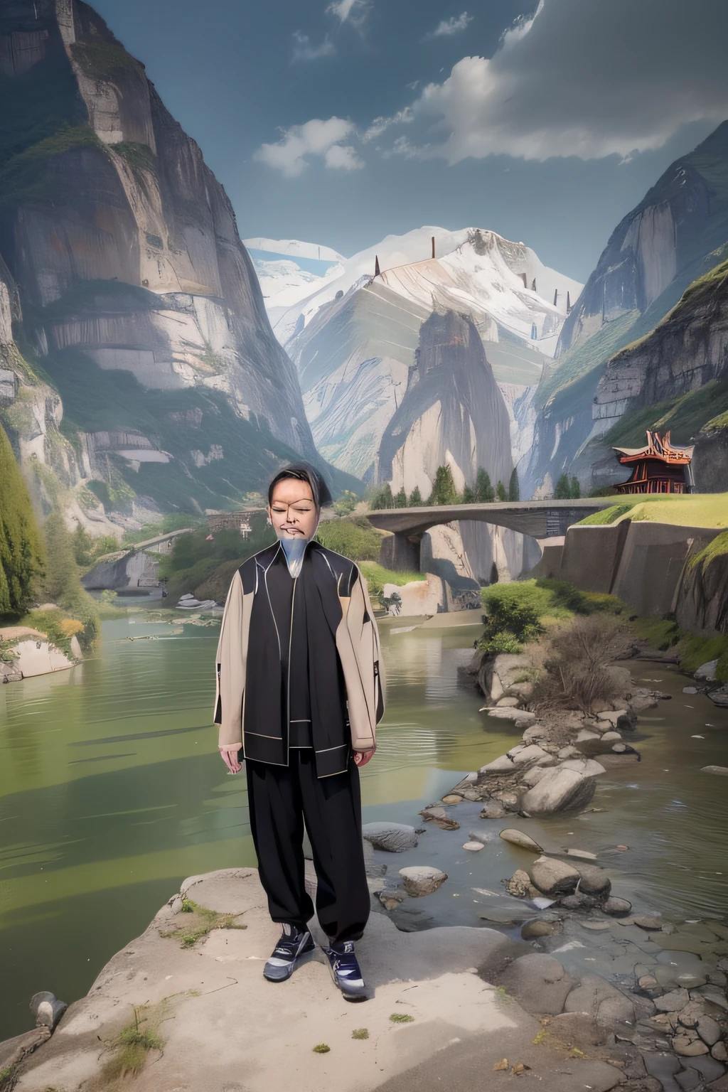 There was a man standing on a rock by the river, zeng fanzh, wang liang, yintion j - jiang geping, huifeng huang, Leng Jun, xiang duan, photograph taken in 2 0 2 0, with the mountains in the background, river in front of him, jinyiwei, ramil sunga
