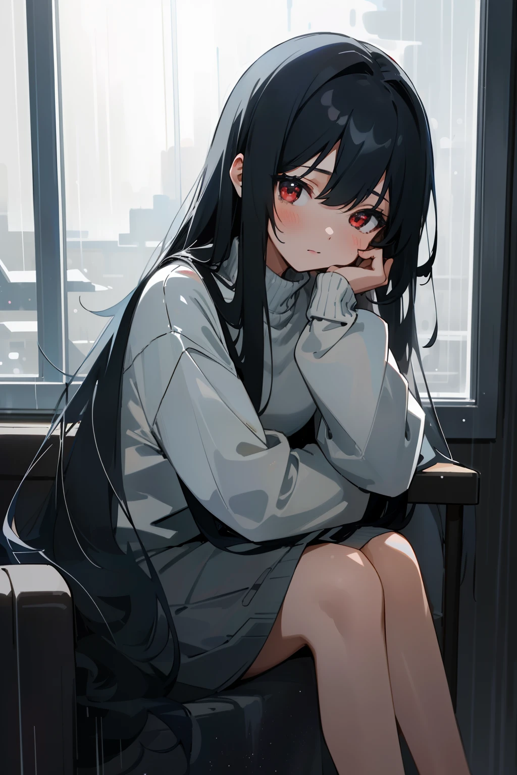 1girl, black long hair, red eyes, sit down, ((looking out the window)), night sky, torrential rain outside, thinking pose, cozy, warm lighting, light particles, gray tight sweater, ((masterpiece)), ((best quality)), ((ultra-detailed)), (illustration)