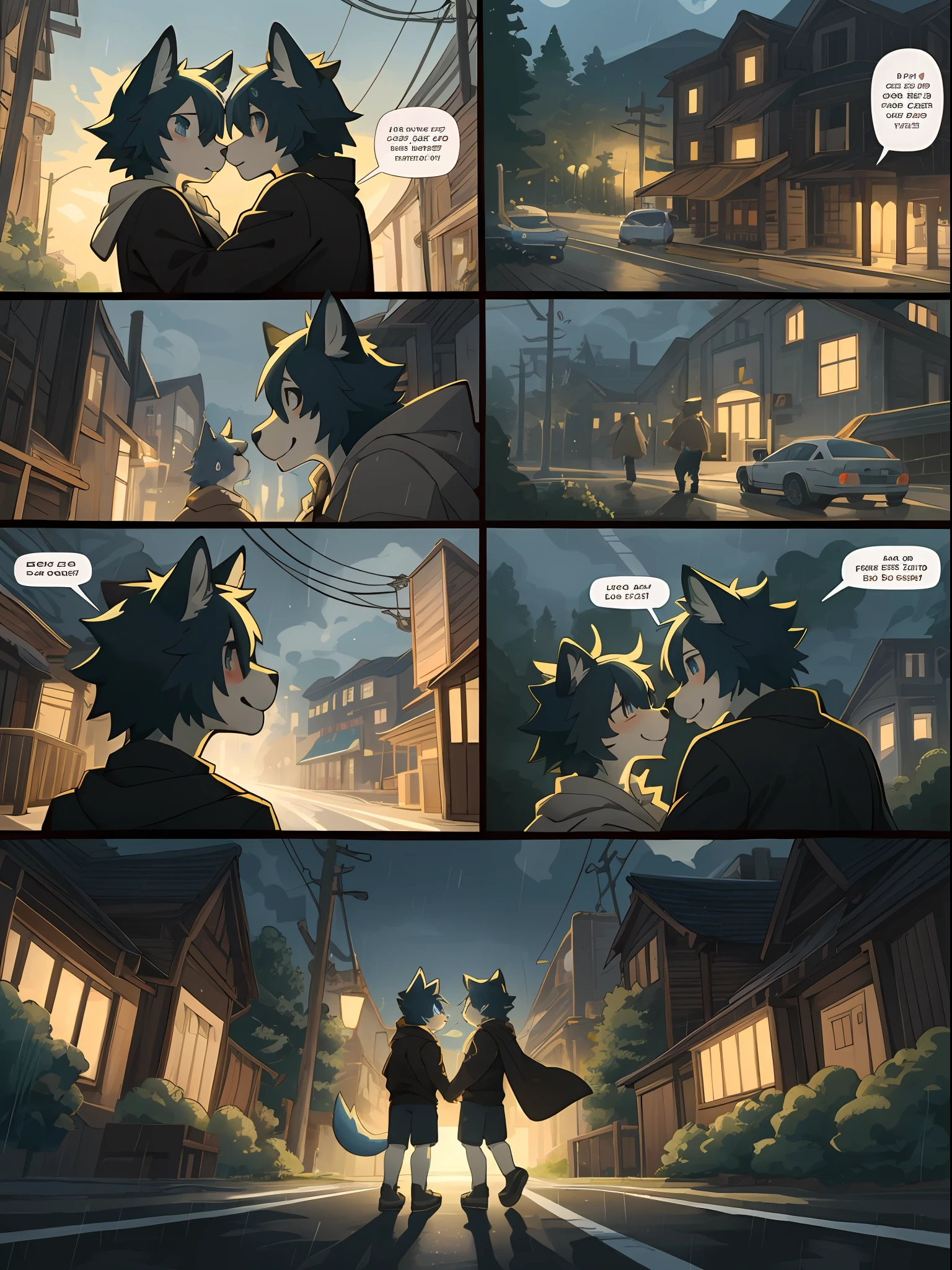 top quality, best quality, High-quality illustrations, highres, masterpiece, super high resolution, detailed background, under the rain, natta, Roads where cars come and go, 6+boys, 6+girls, absurdres(highly detailed beautiful face and eyes)perfect anatomy, good lighting, cinematic shadow, perplexed, smile, happy:0.5, Man and woman hugging each other, full body, upper shot(kemono, furry anthro)assorted poses, assorted expressions, assorted angles, dynamic angle(love story Bold cartoon-like panel layouts, speech balloon, Hand-drawn sound effects stickers used in manga),