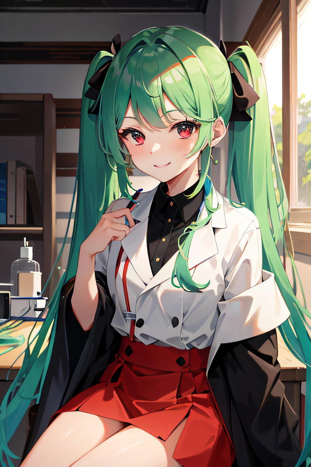 8K, Best Quality, Masterpiece: 1.2) , Super Detail, 1 Girl, Cute, Laboratory, Sit Down, (Nose Red) , Sweet Smile, (Smile: 1.15) , (Shut Up) Small Tits, Small Beautiful Detail Eyes , a white doctor's gown, long gown, Green Hair, Long Hair, Flowing Hair, Twintail, Red eyes, Sharp eyes, adjust one's gown, black shirt