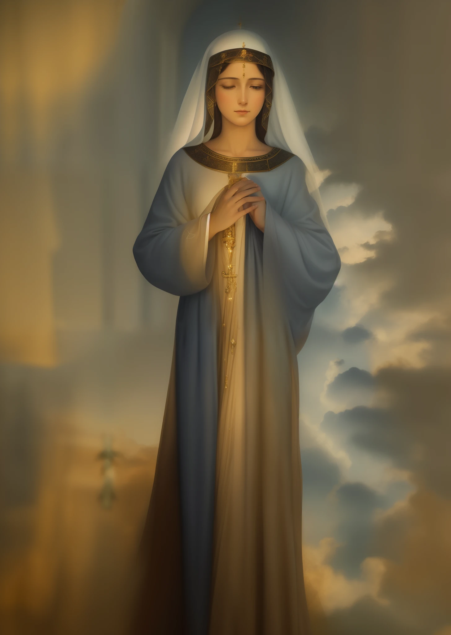 queen of heaven, catholic religious art, mary in a sanctuary, Mary mother of Jesus, manto azul e um manto branco, vestido branco simples, rosto brilhante ofuscante, corpo com halo brilhante
