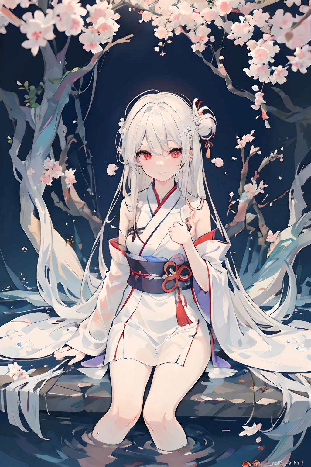 1girl ,耳Nipple Ring,goldfish ,Pedras preciosas ,sash,under the water ,goldfish,white blossoms ,Longer dress,Akame,Behold ,Sit up, white  hair,鎖骨,Long、komono、Kamimei、looking at the viewers