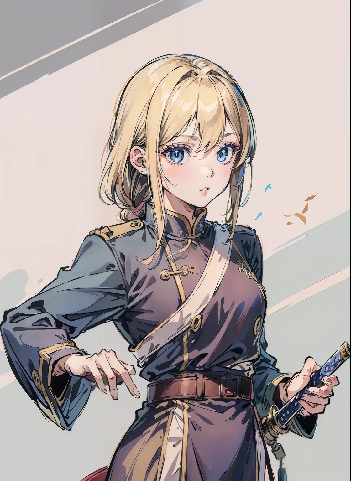 animesque、animations、(top-quality)、(超A high resolution)、(high-detail)、4K、military outfits 、a blond、Longhaire、blue eyess、Hold your sword