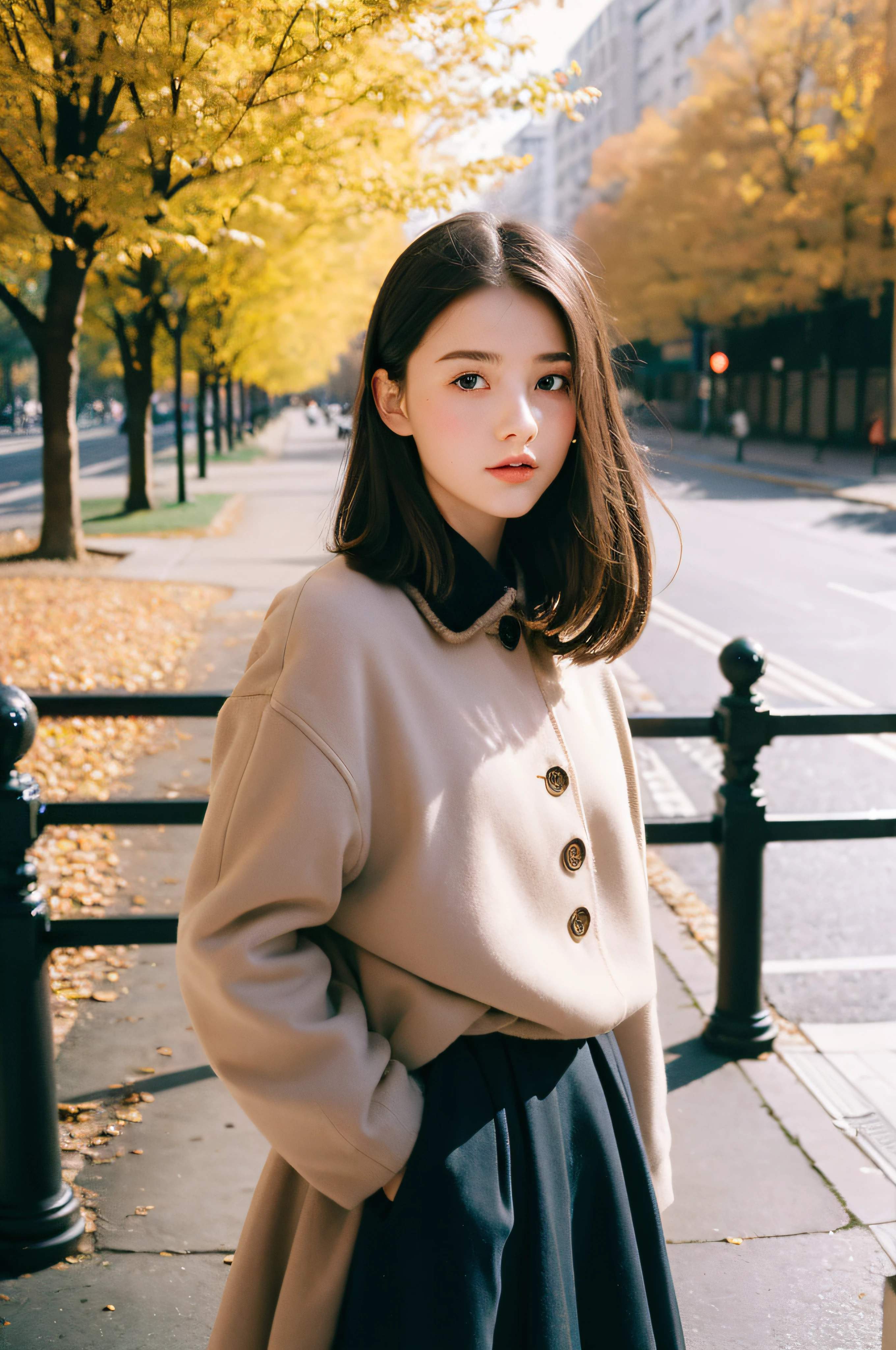 120mm photograph medium format film photography Kodak portra young, Russian Girl, 22yo, autumn outfit, tall woman, beauty, Background metropolitan city, Joyful, Emphasisers, Muted Colours,