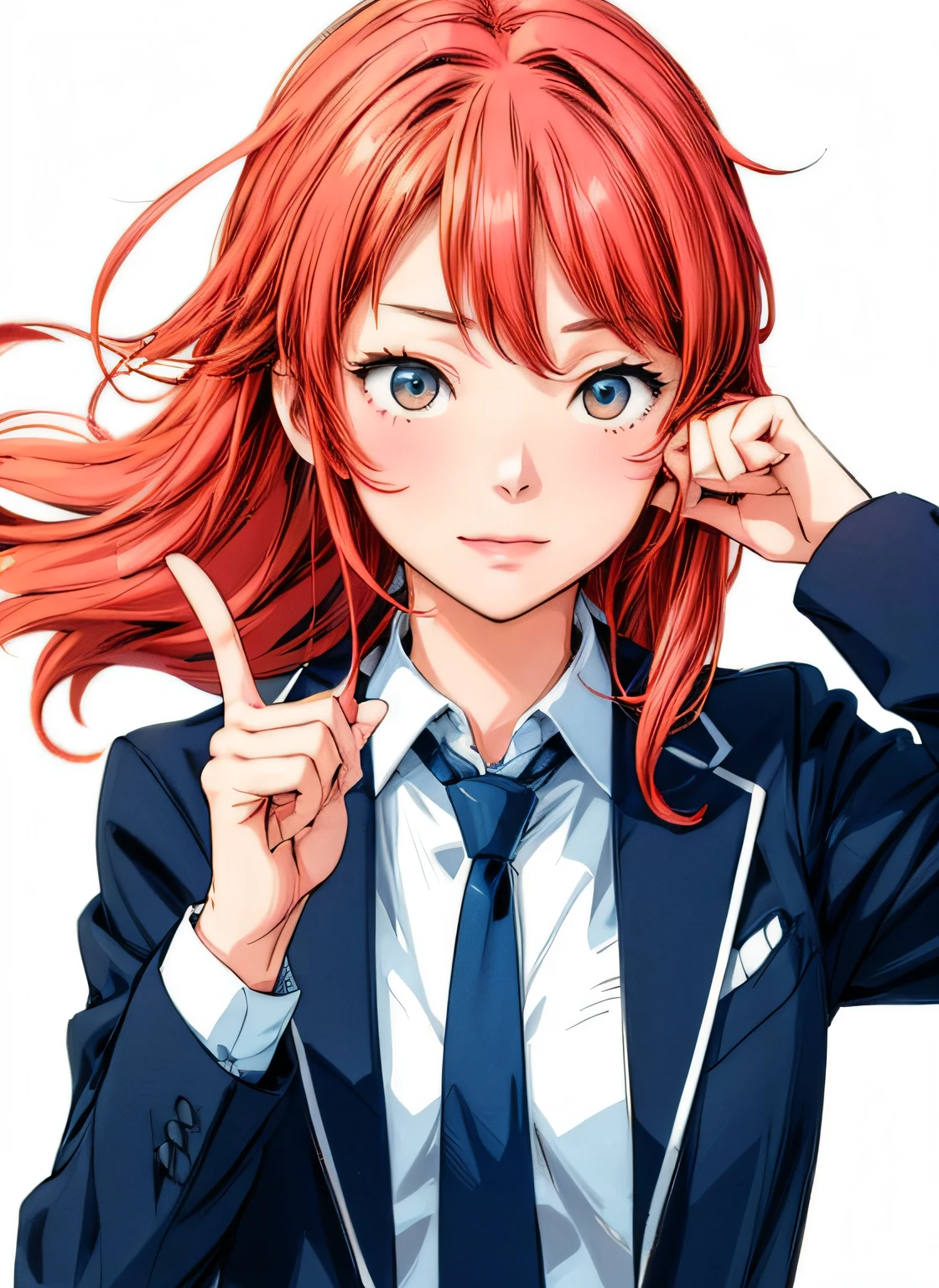 actionpose、Overflowing、cheerfully、(Manga style)、(linear art_Anime)、(solid color_strong contrasts)、小柄,Solo_girl, masterpiece, top-quality, beautifully drawn, ighly detailed, Aesthetic painting, (Lora Add Details:1.0),hi-school girl、Straight hair、jaket、Business suits、neck tie、(Background of the building district:1.0)