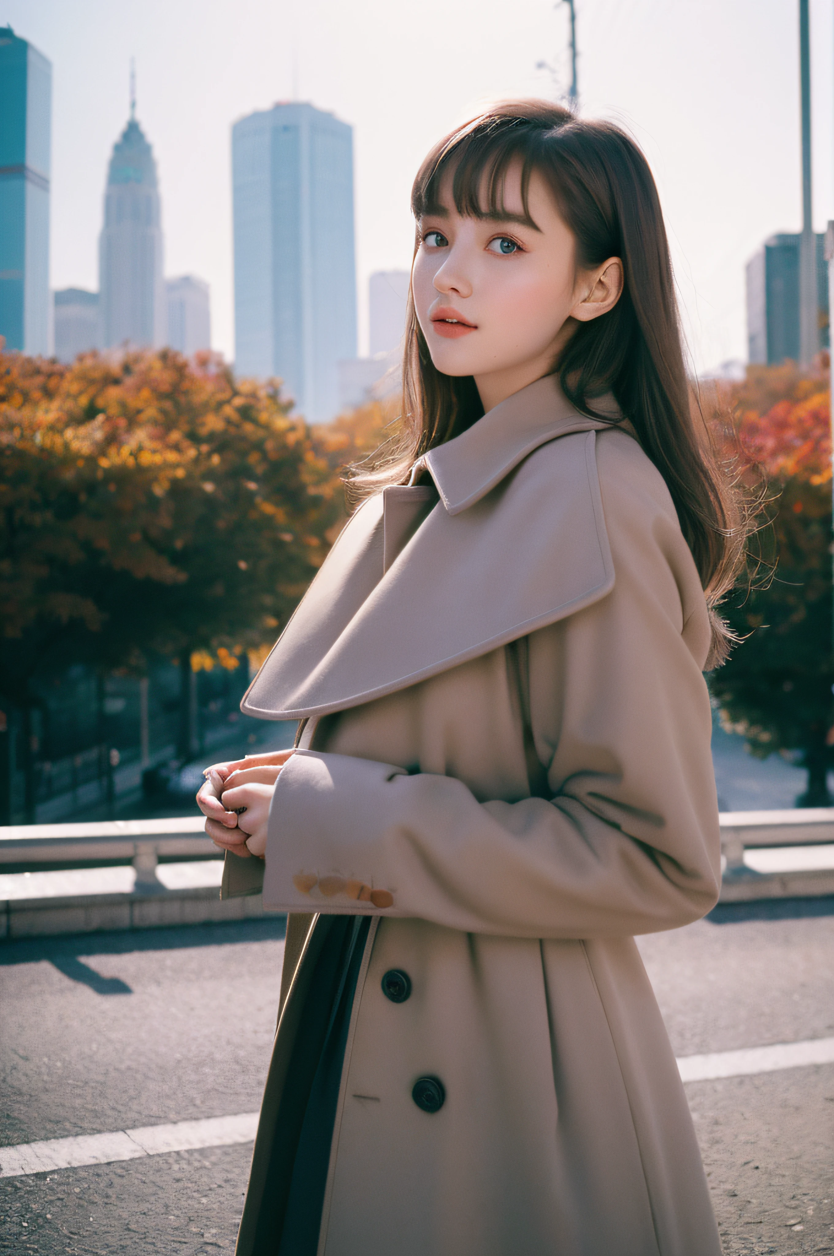 120mm photograph medium format film photography Kodak portra young, Russian Girl, 22yo, autumn outfit, tall woman, beauty, Background metropolitan city, Joyful, Emphasisers, Muted Colours,