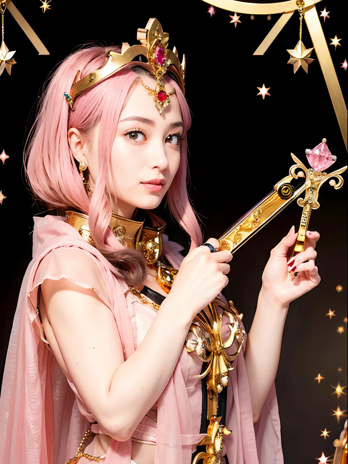 (masutepiece), Professional , ​masterpiece、top-quality、photos realistic , depth of fields （Gemstone Silver Metal Body:1.９),(Matte Pink、Jewel Gold Weapon（Jewel Metal Body:1.４),Gorgeous metal weapons , Detailed Sword of the Brave , Beautiful knife   ,warhammer 40k , adepta sororitas,Detail and ornate jewel crown、Black hair、Gangle's forest background、Beautiful Caucasian beauty、１a person、dynamic ungle,(((Detailed and ornate diamond crown)))、Smaller head、A smile、Take a sexy pose、Background inside the castle、Thin and beautiful female hands、