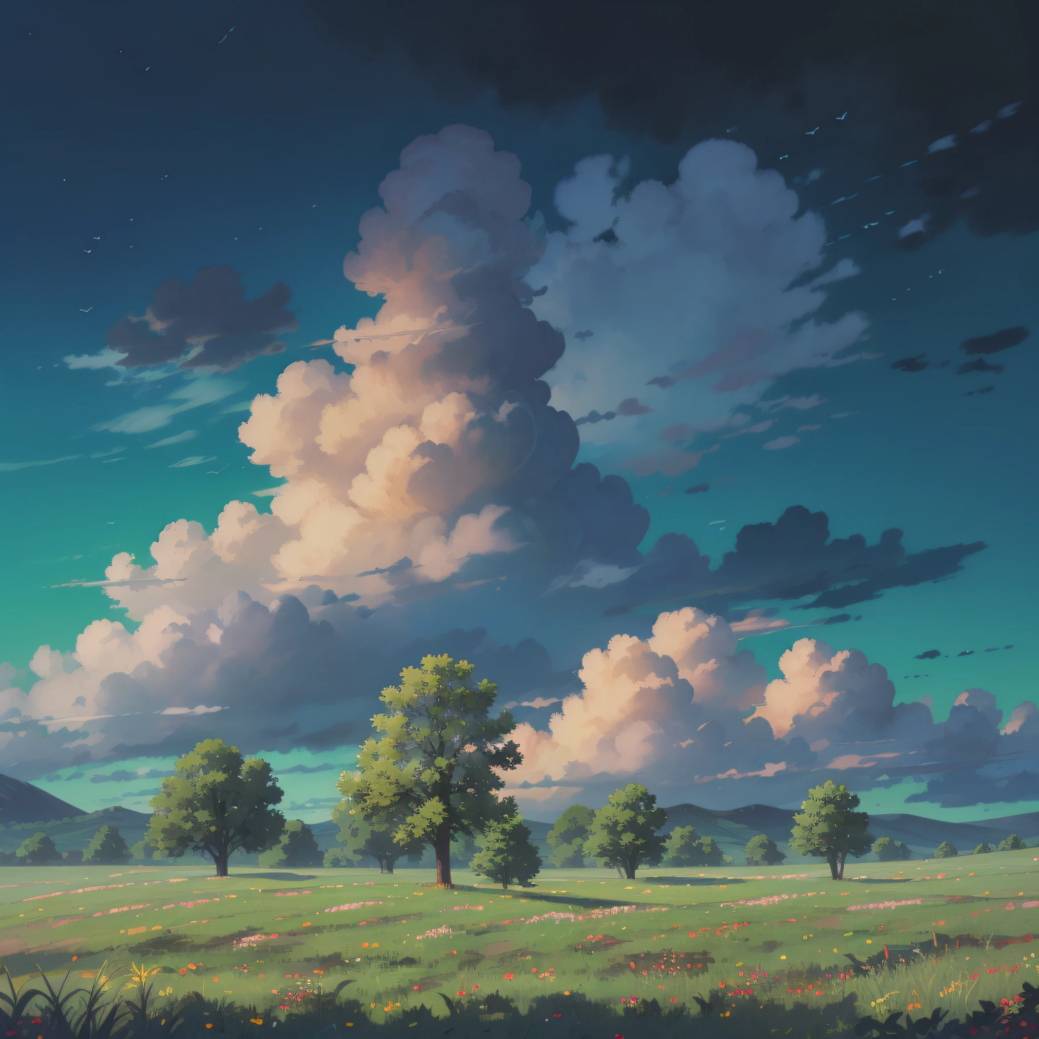 Lots of trees, large skies, white clouds