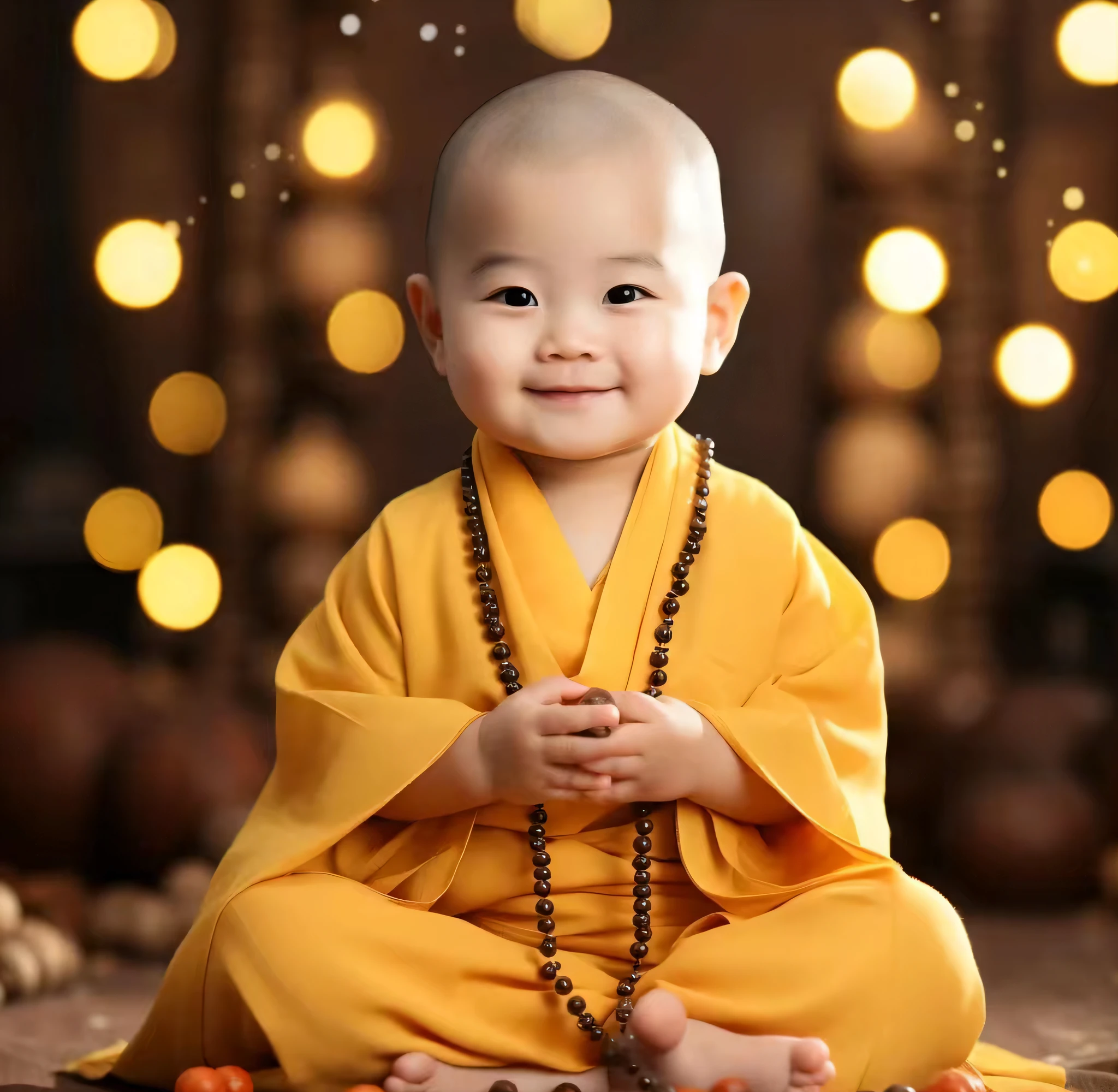 The Arad  sits on the ground，There are beads and beads around, monk clothes, Buddhist, buddhist monk, yellow robes, with yellow cloths, Yellow robe, dressed in simple robes, monk meditation, happy and spirited expression, litt wearing nun outfit, Serene expression, monk, wearing brown robes, Taoist temples and monks, portrait shooting, Buddhism