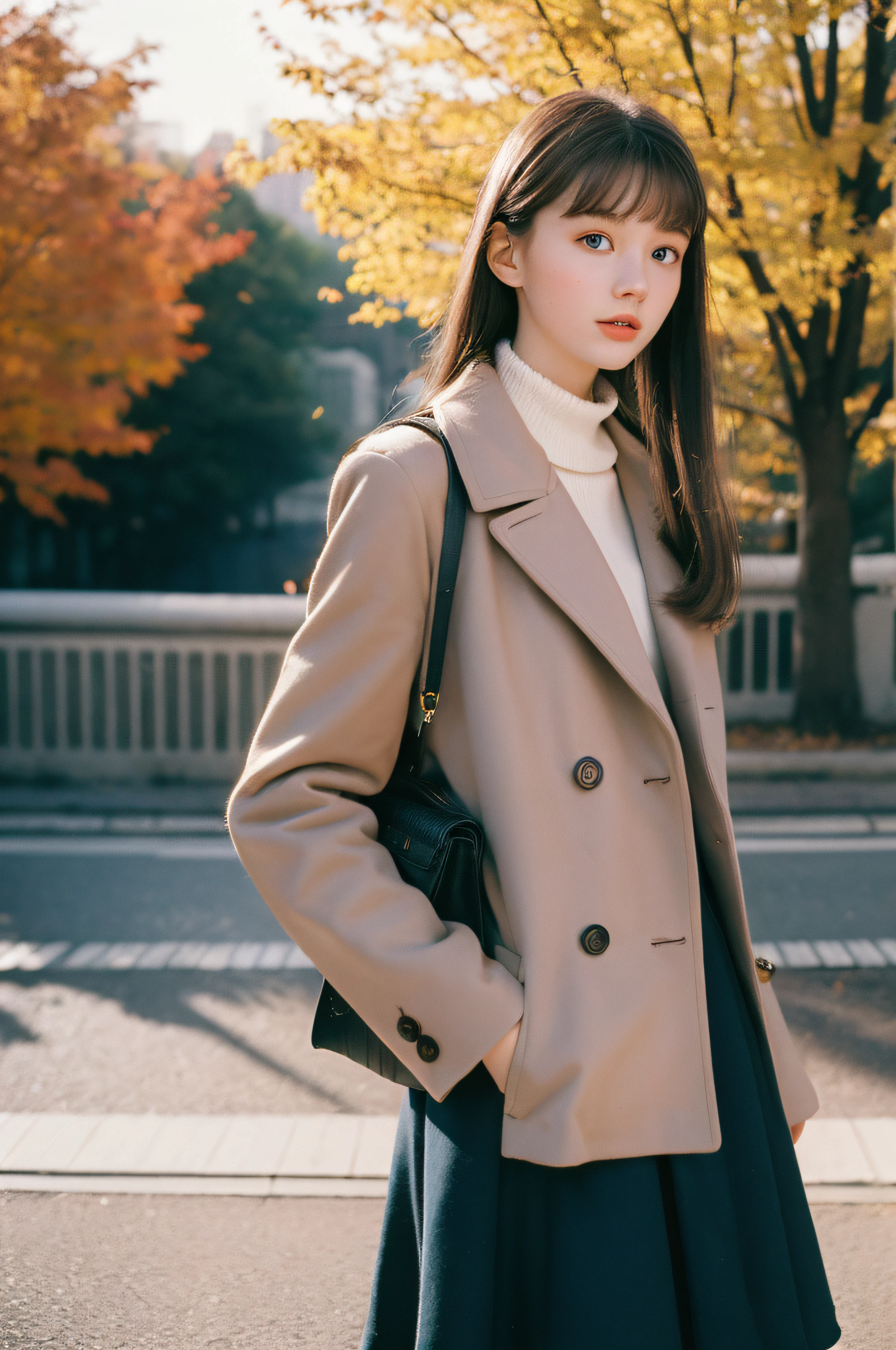 120mm photograph medium format film photography Kodak portra young, Russian Girl, 22yo, autumn outfit, tall woman, beauty, Background metropolitan city, Joyful, Emphasisers, Muted Colours,