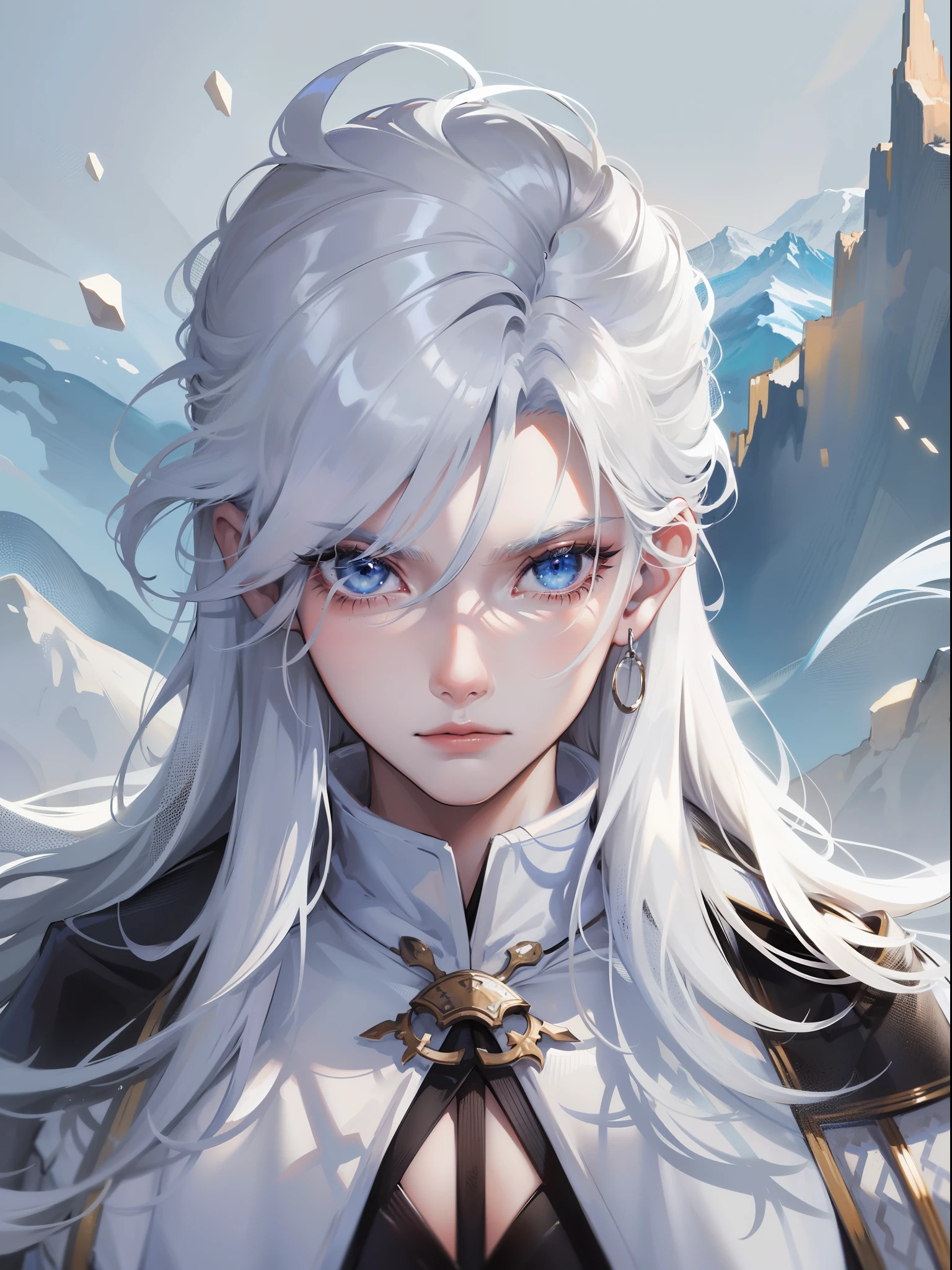 1male people,long white hair,Ice blue eyes,long white robe,Indifferent expression,long eyelasher,flatchest,Face portrait,Snow-capped mountains in the background