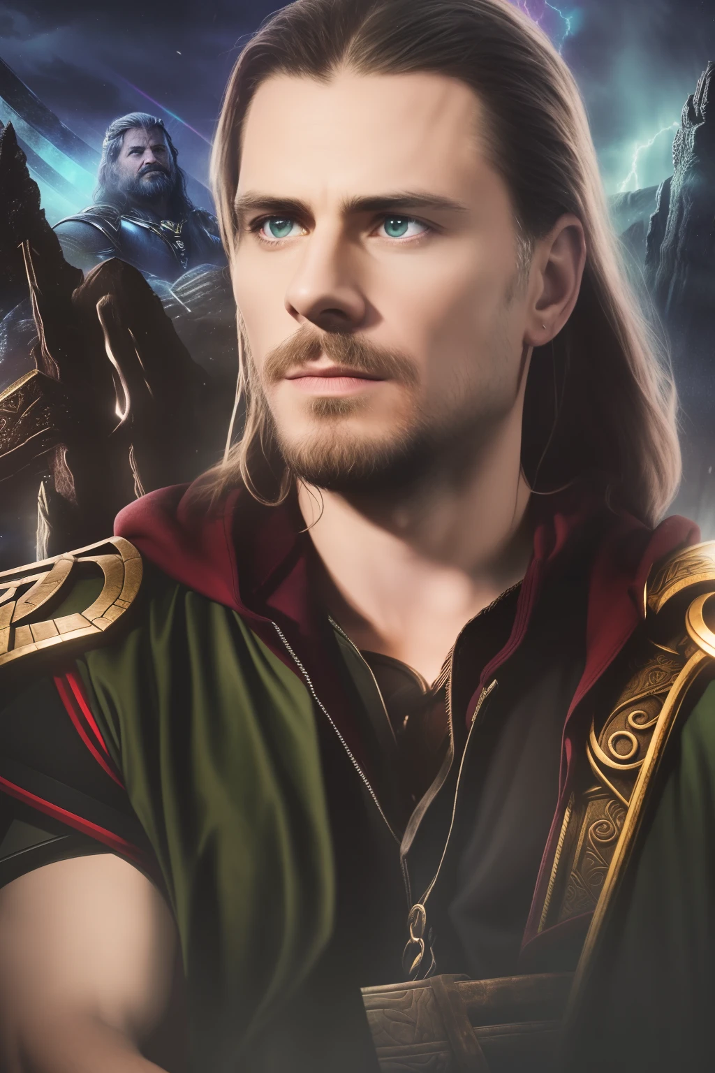 Dark background, Close-up photo of a guy, 30 years, IGPPV01, chest, full face, Viking, warrior, barbarian, The Northern God, God of Thunder, viking god, Strong, angry, Scars, Dirty, Wet, Detailed armor, high detailed skin texture, Green eyes, looking a viewer, (in Asgard:1.4), lightning, thunder, rain, (night sky:1.2), German mythology, Epic cinema, Photorealistic, Masterpiece, HDR, RAW photo, higly detailed, darkness, Low key, volumetric lighting, Contrast light, 8K resolution, Cinematic Lightning, rim light, studio light, deep shadows