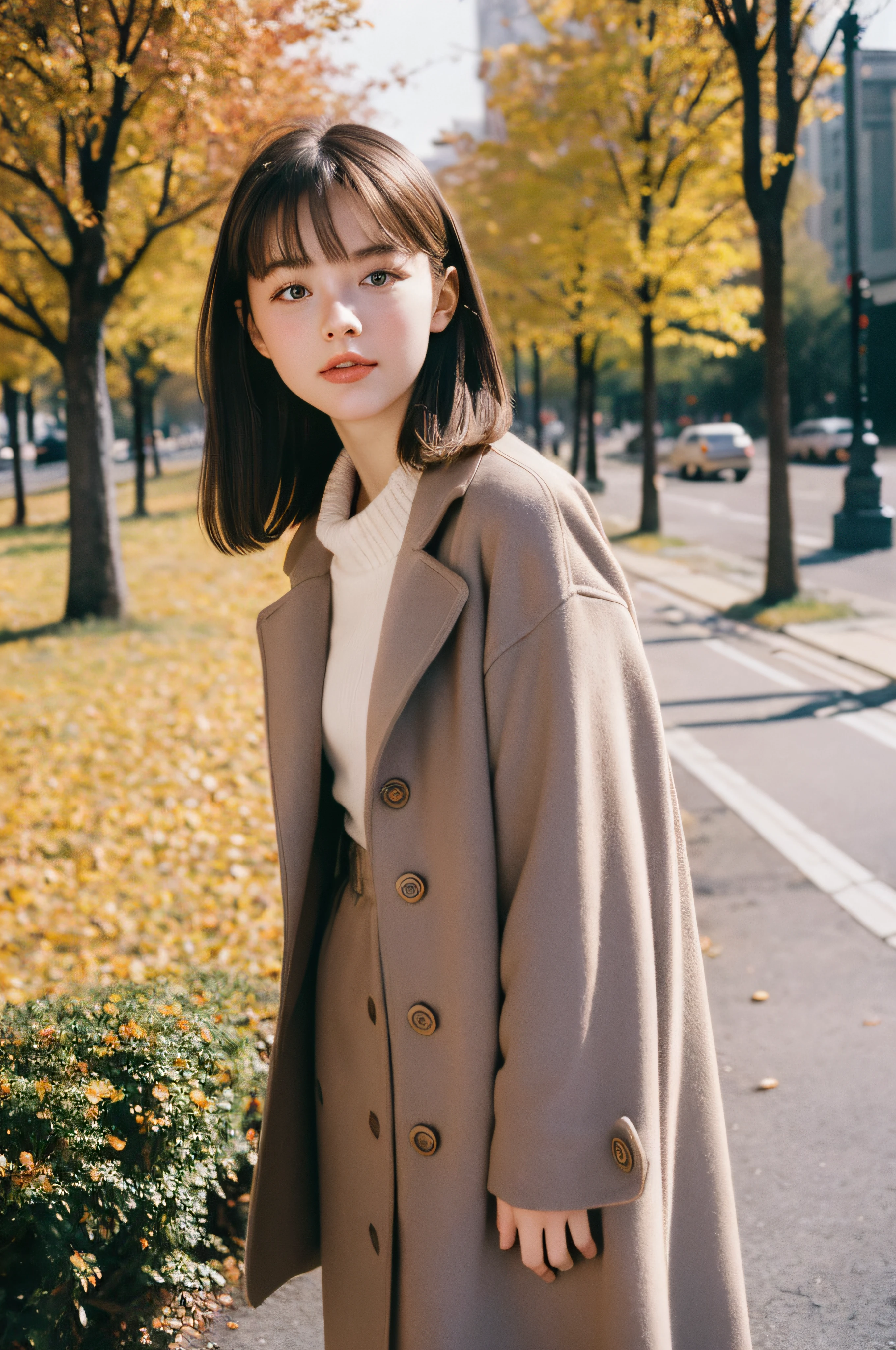 120mm photograph medium format film photography Kodak portra young, Russian Girl, 22yo, autumn outfit, tall woman, beauty, Background metropolitan city, Joyful, Emphasisers, Muted Colours,