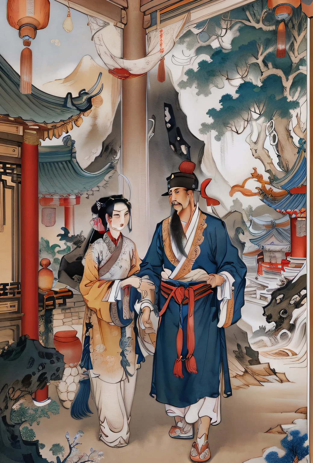 Ancient Chinese landscapes,Strange,The woman in the chat,Two people talking,Ancient buildings,Pavilions,Rakshasa Sea City,The one who sings,Carved beams and paintings,enchanting scenery,Inspired by Jin Yong martial arts,rays of sunshine,Ink painting style,clean color,Decisive cut,Leave white space,impressionistic,tmasterpiece,ultra-detailliert,Epic composition, high qulity, HighestQuali,pixar-style,Supersaturation,hyper realisitc,Sand,with black background,atmospurate,Gorgeous poster,Brush strokes、Traditional Chinese painting、 exteriors,Luminous Particle,ln the forest,(glowworm)