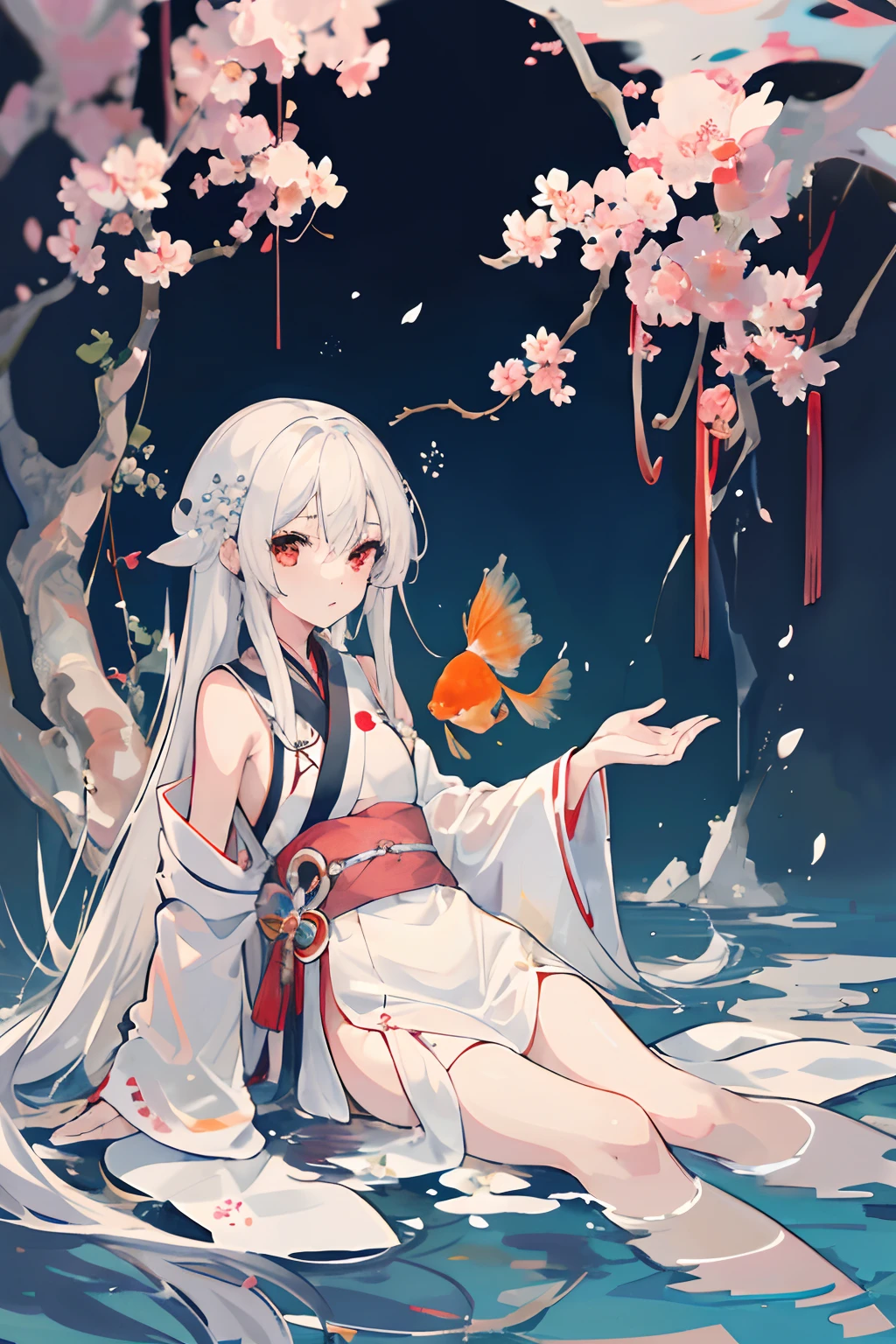 1girl in ,耳Nipple Ring,goldfish ,Pedras preciosas ,sash,under the water ,goldfish,white blossoms ,Longer dress,Akame,Behold ,Sit up, white  hair,鎖骨,long、Komono、Kamimei、looking at the viewers