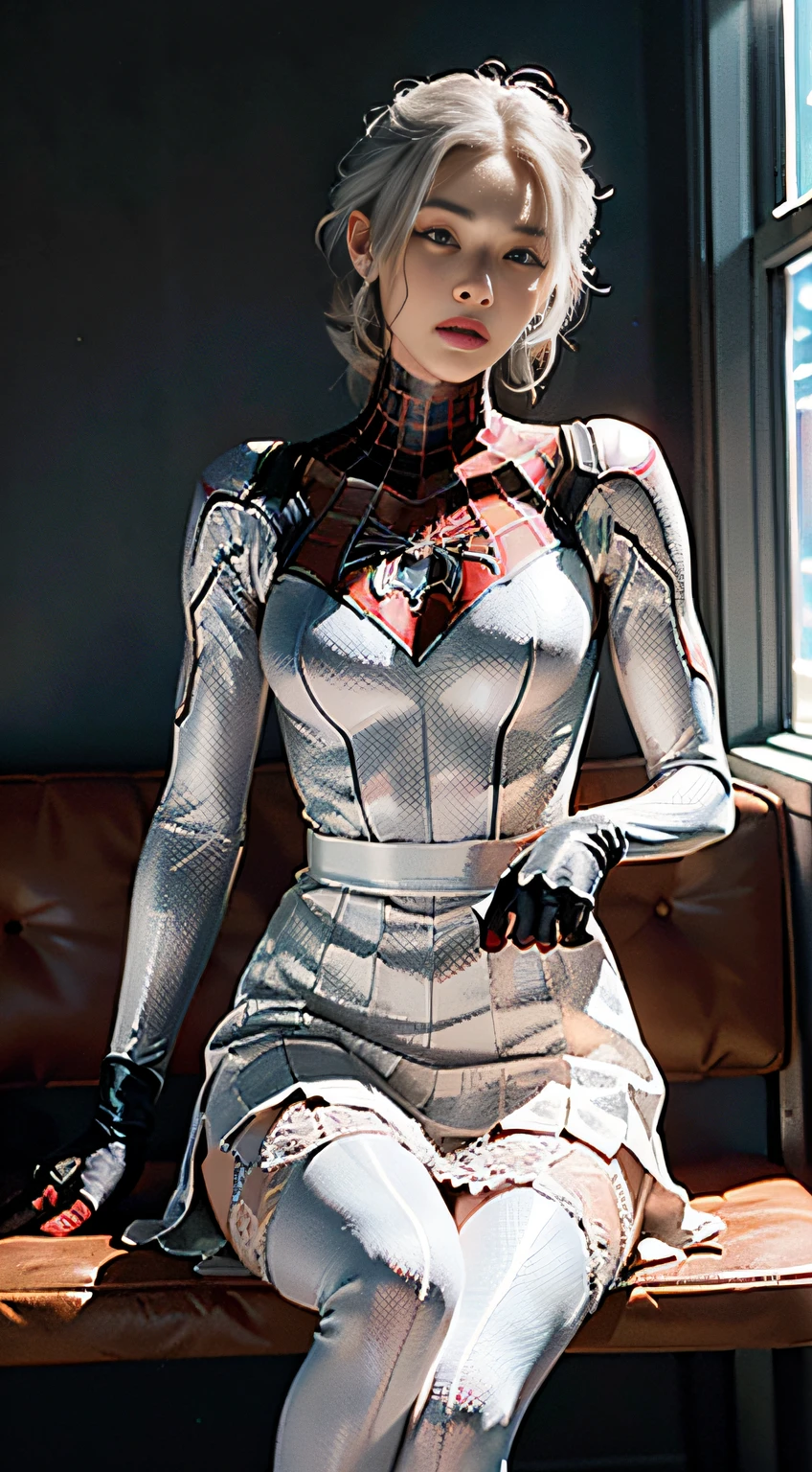 (Extreme Detail CG Unity 8K Wallpapers，tmasterpiece，Highest image quality)，(Delicate light and shadow，The picture is highly dramatic，Cinematic lens effect)，full bodyesbian，A girl wearing a short white Spider-Man lace skirt，Long silver-gray hair，From the Spider-Man parallel universe，Wenger，Marvel，Spidey，Sit on a sofa or bench，dynamicposes)，(Exceptional detail，The lighting effect is outstanding，Vista wide angle)，(Excellent rendering，Enough to stand out from the crowd)，The focus is on the white Spider-Man costume，Complex spider textures