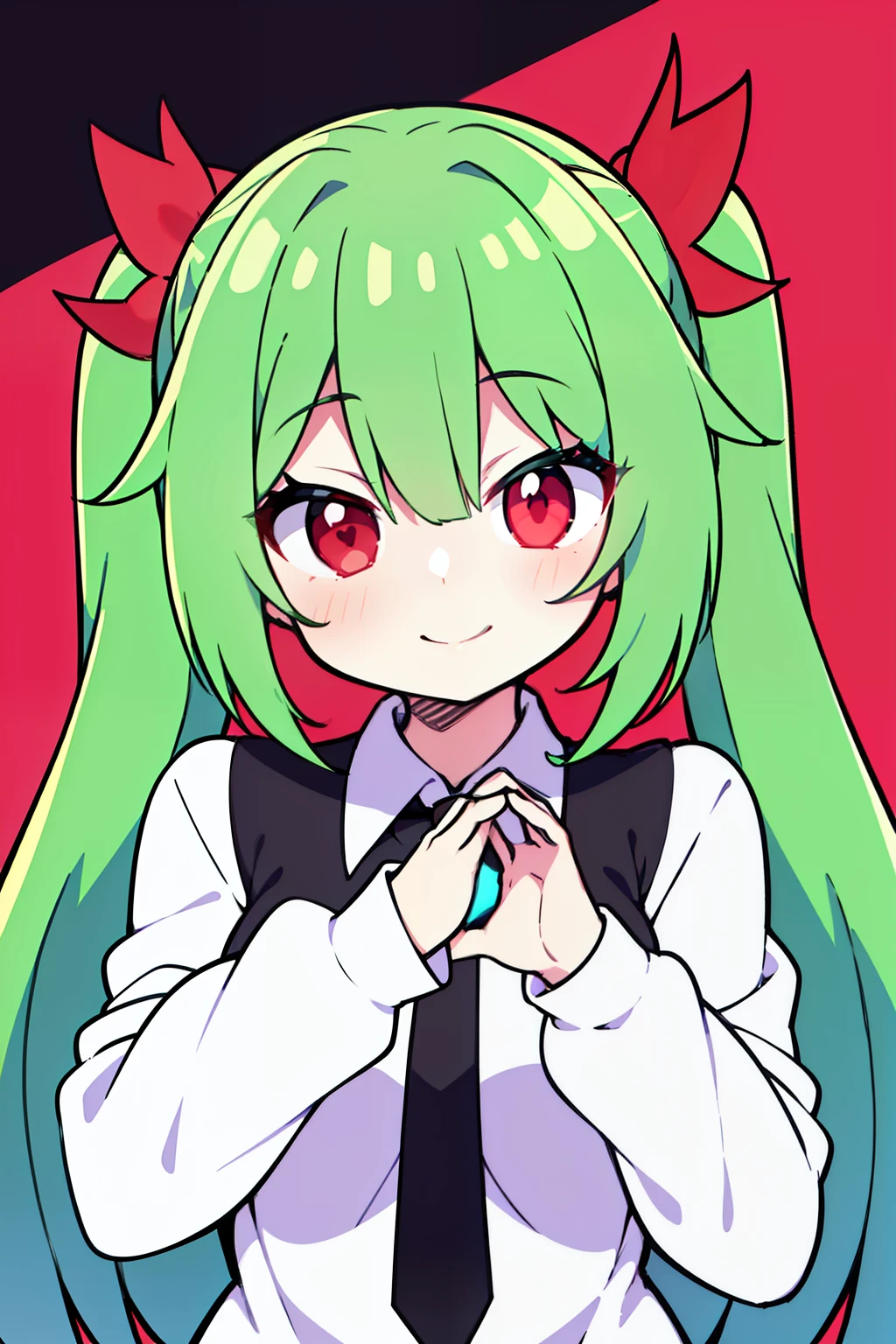 masterpiece, high quality, A beautiful girl, anime style girl, red eyes, long green hair, twin tail, sharp eyes, wearing white shirts, black necktie, smiling, heart hands, making wink, bright
