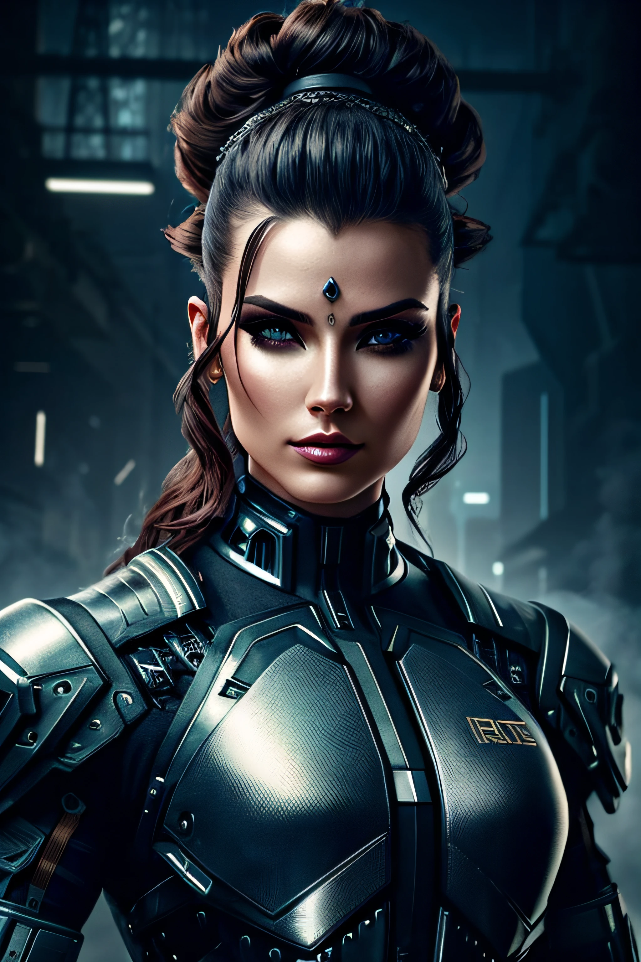 a beautiful woman cyborg warrior in the Style-RustMagic, cyberpunk augmentation, cyberware, cyborg, carbon fiber, chrome, implants, metal skull, cyber plate armor, (dark atmosphere:1.2), (fog & smoke), (dark night:1.3), scars, (dark medium length disheveled hair:1.1), (eyeshadow:1.1), (beautifully detailed glow:1.2), (Cinematic lighting), intricate detail, highres, rounded eyes, detailed facial features, sharp focus, smooth, aesthetic, detailed dark industrial factory background, stylish pose, dynamic pose, (dramapaint), (opt-6000:0.9)
