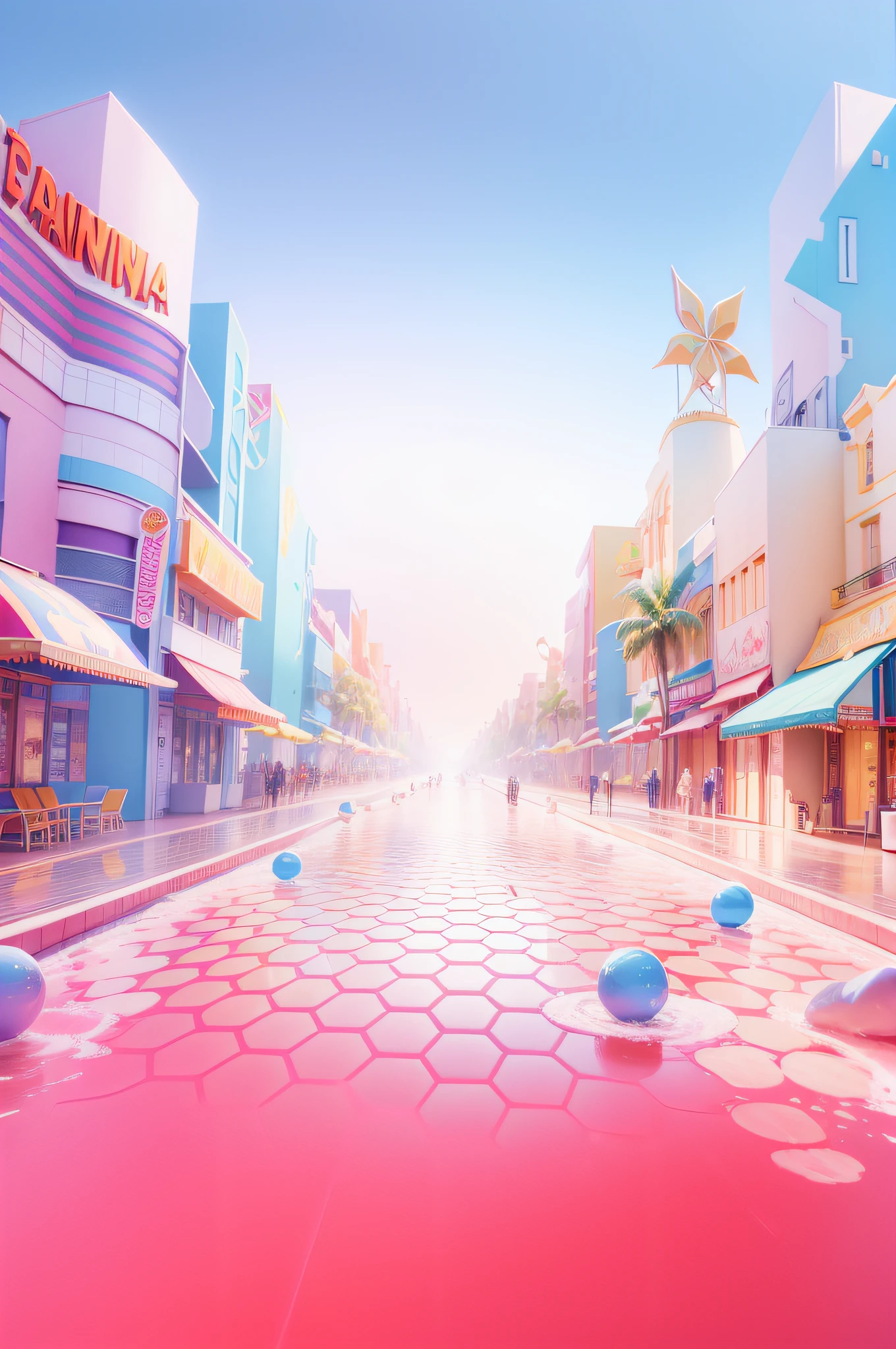 Paradise world/Carnival City,3Drenderingof,Dopamine Mood Paradise,Summer carnival style,Lovely and sophisticated building,shop,Premium texture,high-class details,Studio lights