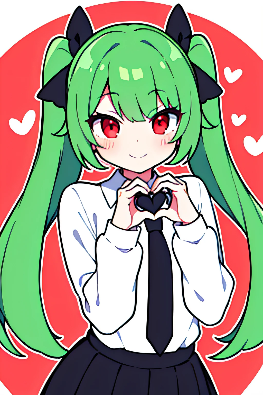 masterpiece, high quality, A beautiful girl, anime style girl, red eyes, long green hair, twin tail, sharp eyes, wearing white shirts, black necktie, smiling, (heart hands), making wink, bright