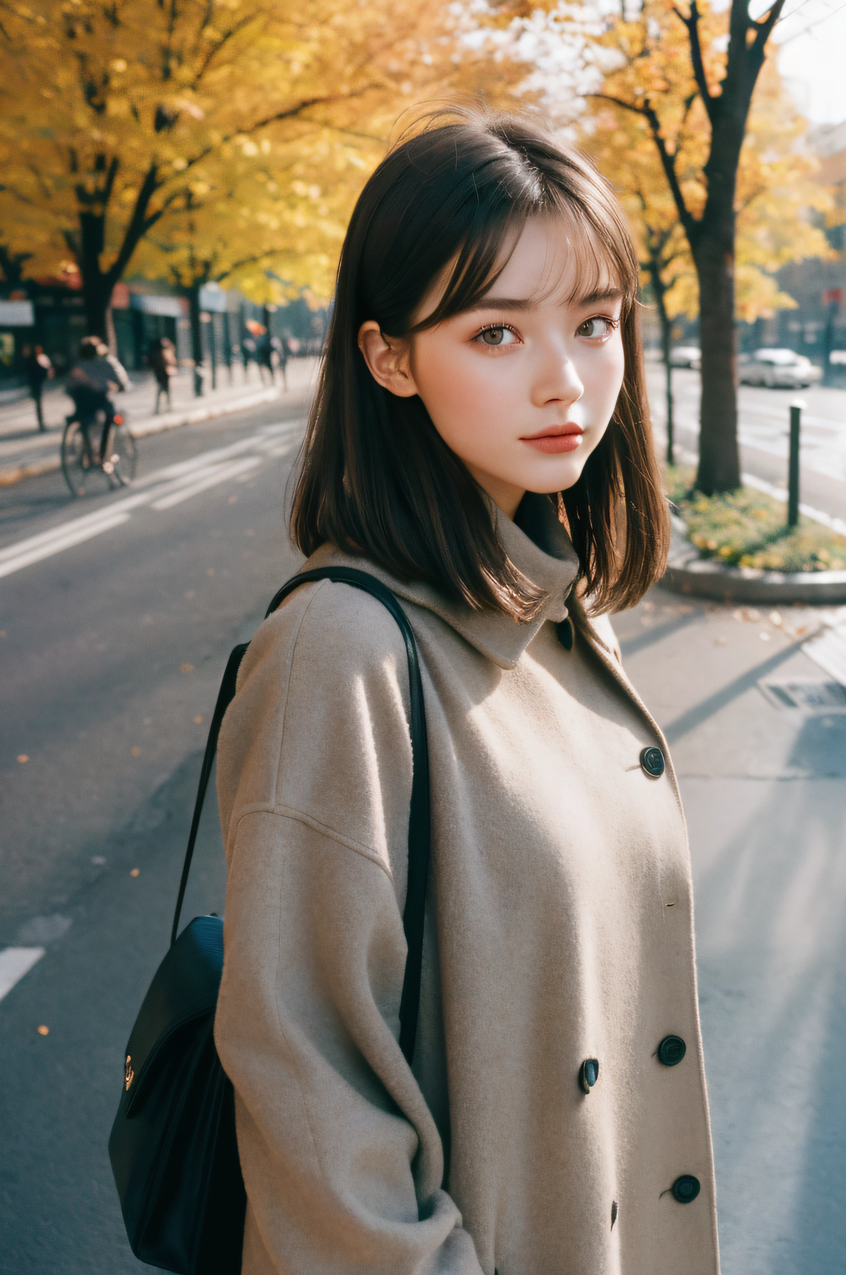120mm photograph medium format film photography Kodak portra young, Russian Girl, 22yo, autumn outfit, tall woman, beauty, Background metropolitan city, Joyful, Emphasisers, Muted Colours,