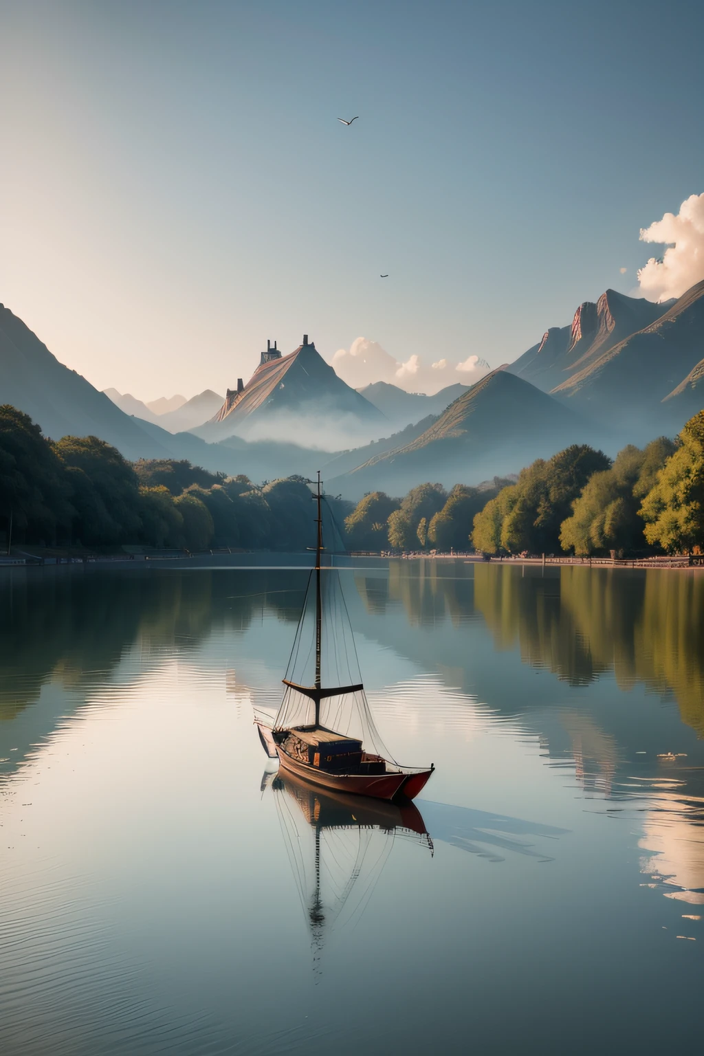 China-style,quadratic element,yuki,evening light,Lake surface,flying birds,fishing boat,water ink