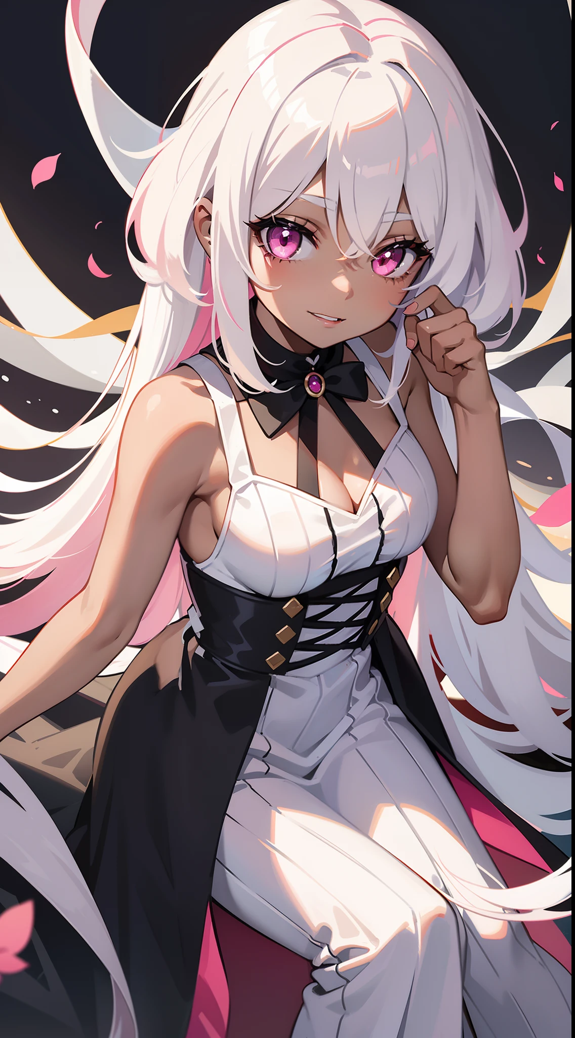 young girl, black skin, Long white hair with a pink parting, pink eyes, smirk, Vampire, White rich dress, Sleeveless, open breasts, Masterpiece, hiquality
