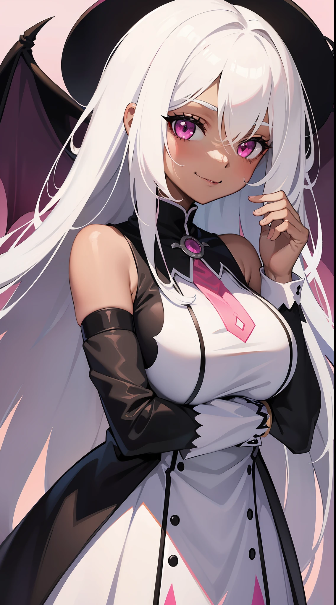 young girl, black skin, Long white hair with a pink parting, pink eyes, smirk, Vampire, White rich dress, Sleeveless, open breasts, Masterpiece, hiquality