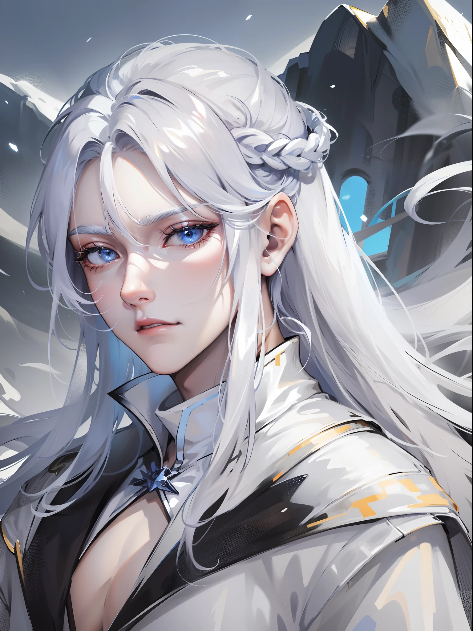 1male people,long white hair,Ice blue eyes,long white robe,Indifferent expression,long eyelasher,flatchest,Face portrait,Snow-capped mountains in the background