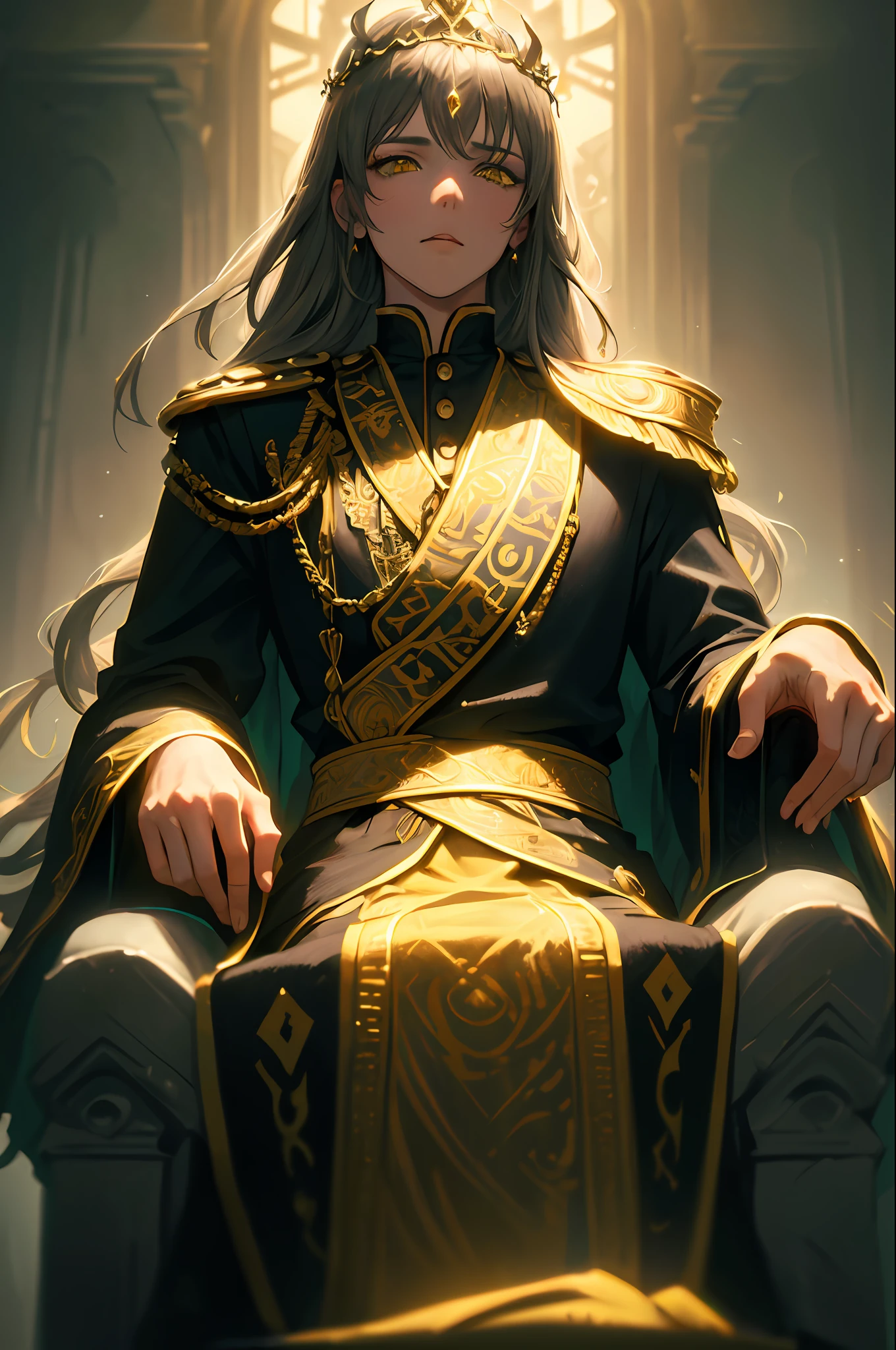 (Masterpiece:1.2), best quality, (illustration:1.2), (ultra-detailed), hyper details, (delicate detailed), (intricate details), (cinematic light, best quality Backlights), clear line, from below, Solo male,Slim figure,(boy),Gray hair and yellow eyes,(the emperor,Black see-through garment),(tiara crown:1.1),sitting on an royal throne,Close your eyes slightly,low head,low head,(is shy:1.2 ), ((makeup)), High contrast, (best illumination, an extremely create and beautiful), ((cinematic light)), Bright colors,male people