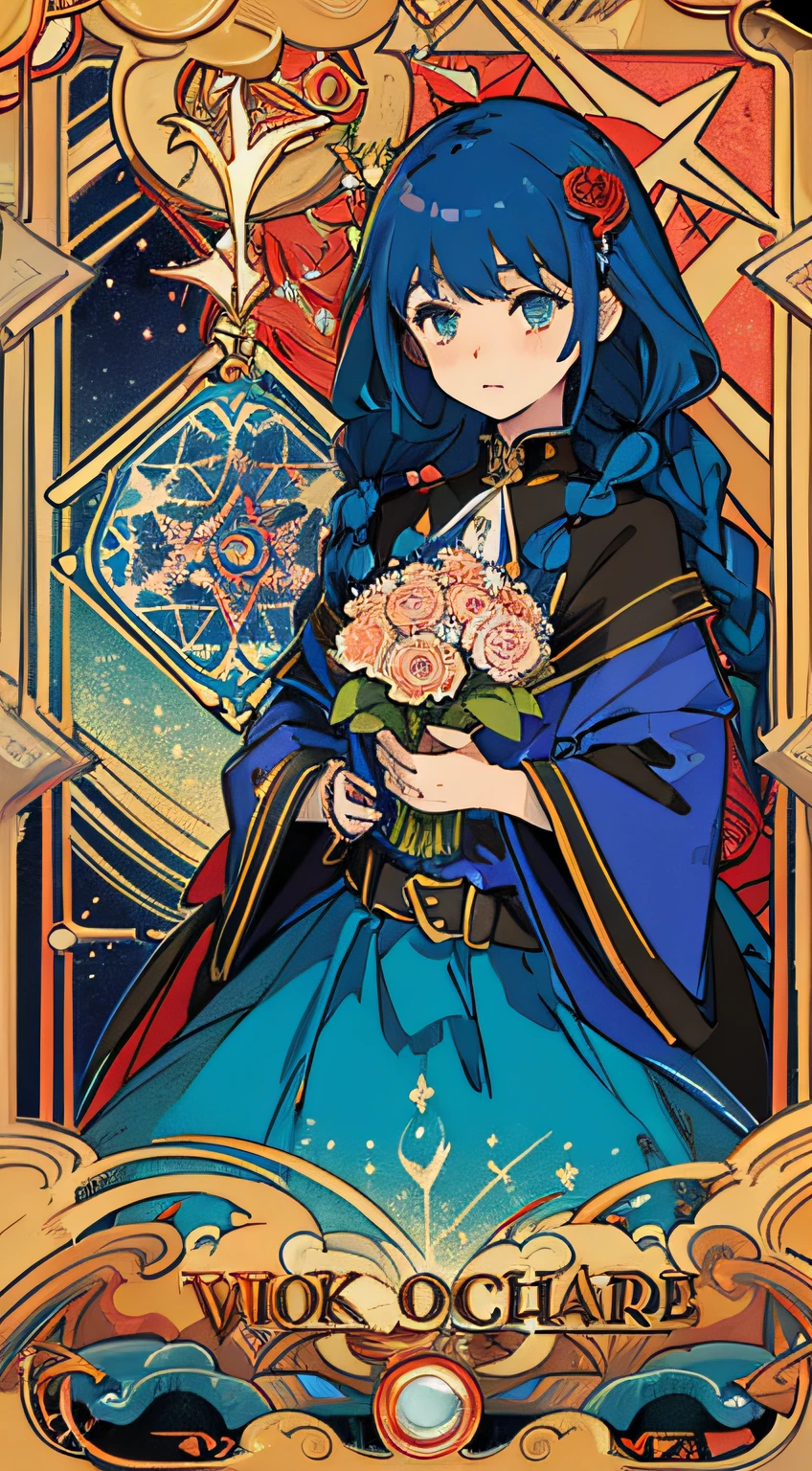 (masterpiece, top quality, best quality, official art, beautiful and aesthetic:1.2), (1girl:1.3), (fractal art:1.3), card, tarot,blue hair, twin braids, hair flower, (good lighting:1.1), ((highres)), Tarot card style