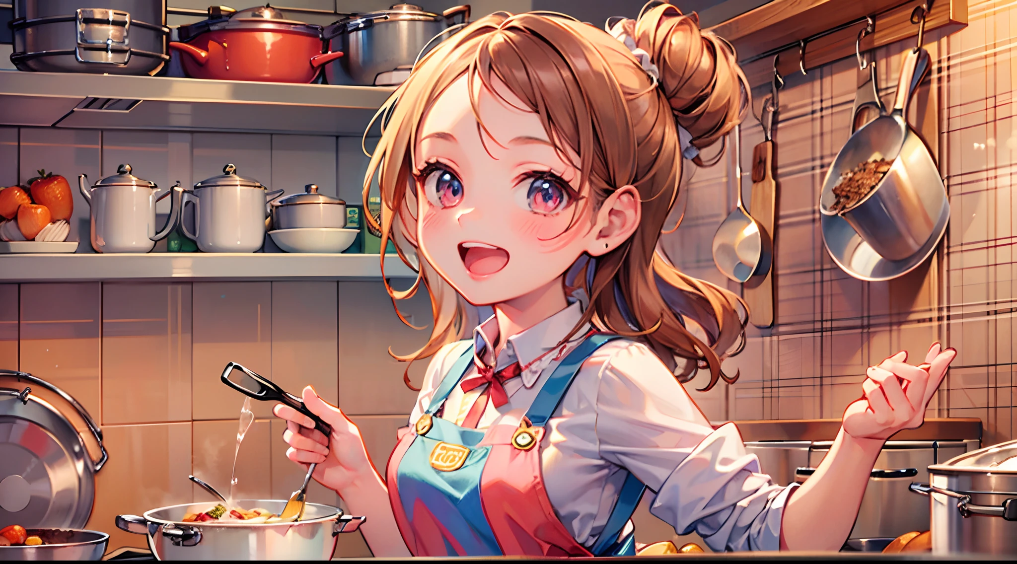 Masterpiece, top quality, super detailed CG, intricate details:1.5), 8k wallpapers, elaborate features,
perfect cartoon illustration, 1 girl, beautiful face, smiling, apron, kitchen, cooking, pot, back view, full body illustration.