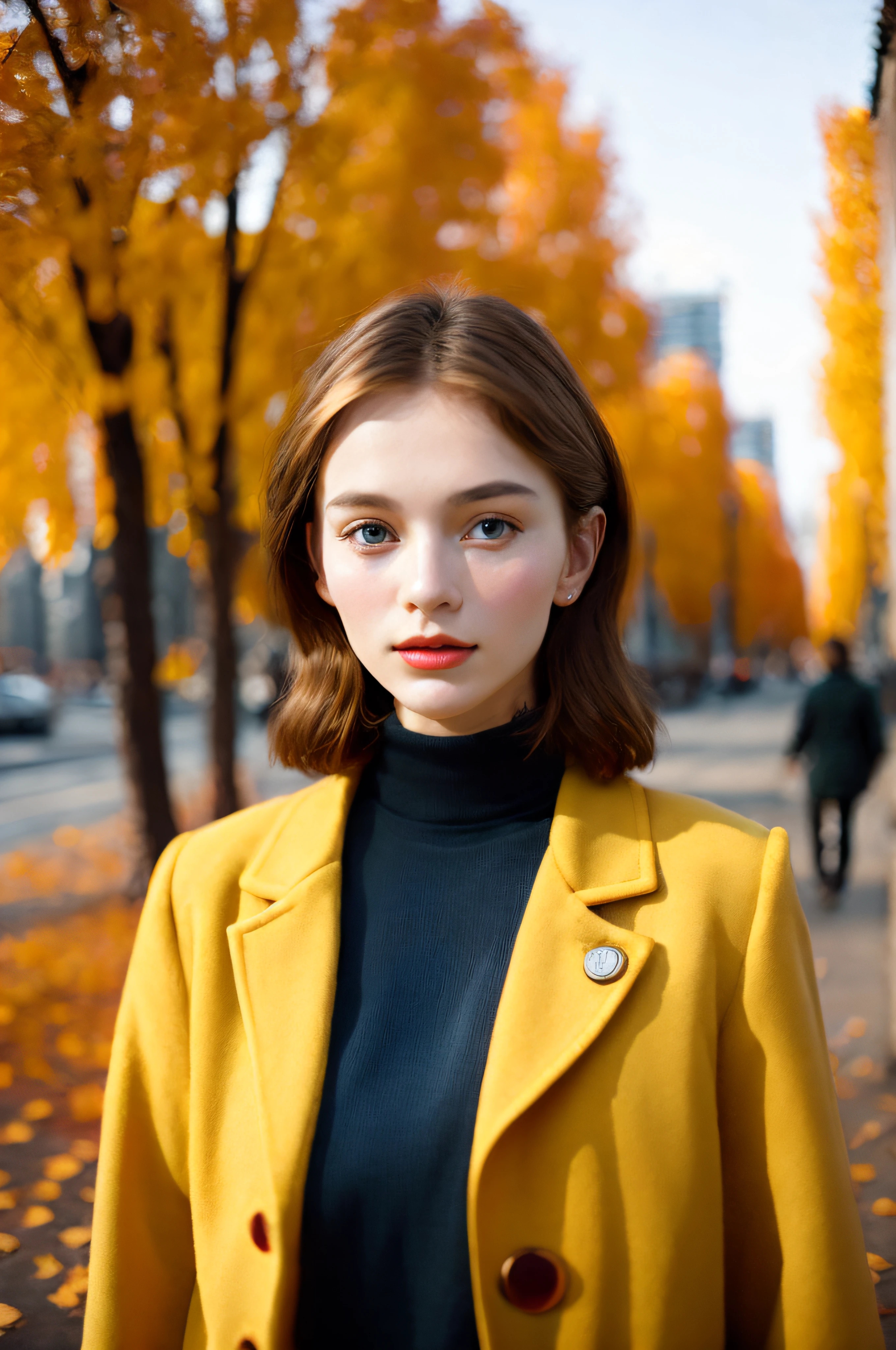 120mm photograph medium format film photography Kodak portra young, Russian Girl, 22yo, autumn outfit, tall woman, beauty, Background metropolitan city, Joyful, Emphasisers, Muted Colours,