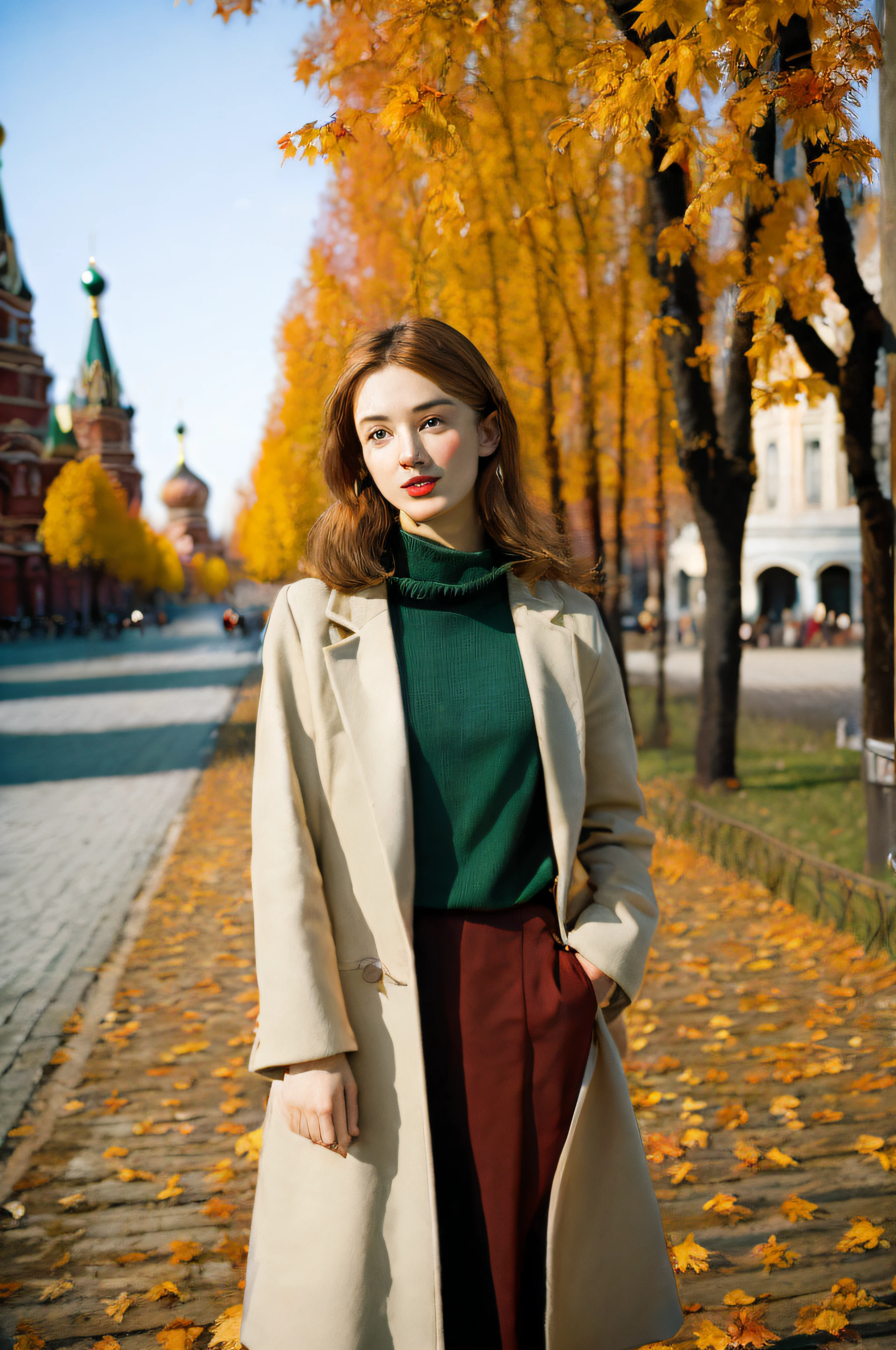 120mm photograph medium format film photography Kodak portra young, Russian Girl, 22yo, autumn outfit, tall woman, beauty, Background metropolitan city, Joyful, Emphasisers, Muted Colours,