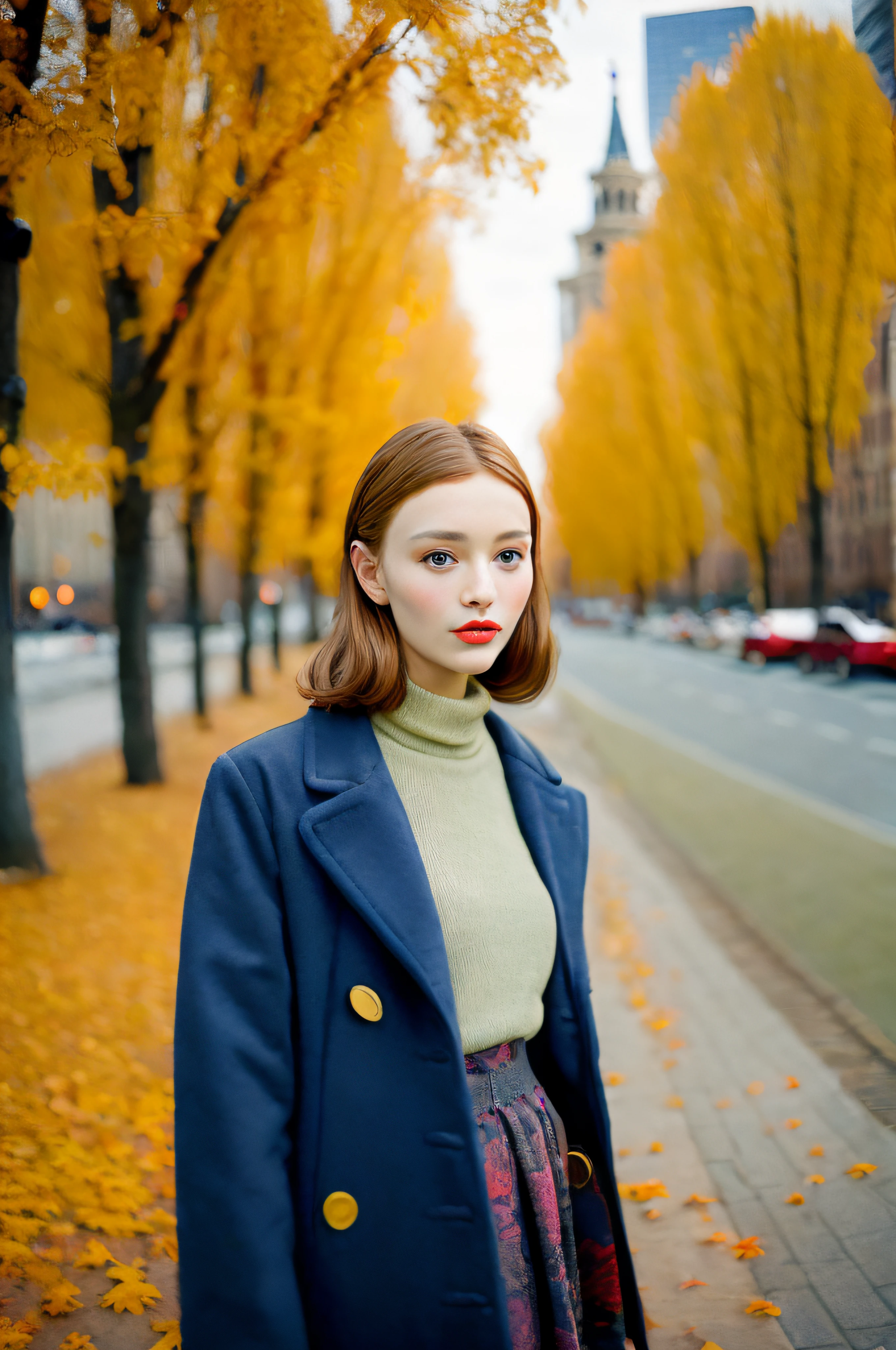 120mm photograph medium format film photography Kodak portra young, Russian Girl, 22yo, autumn outfit, tall woman, beauty, Background metropolitan city, Joyful, Emphasisers, Muted Colours,