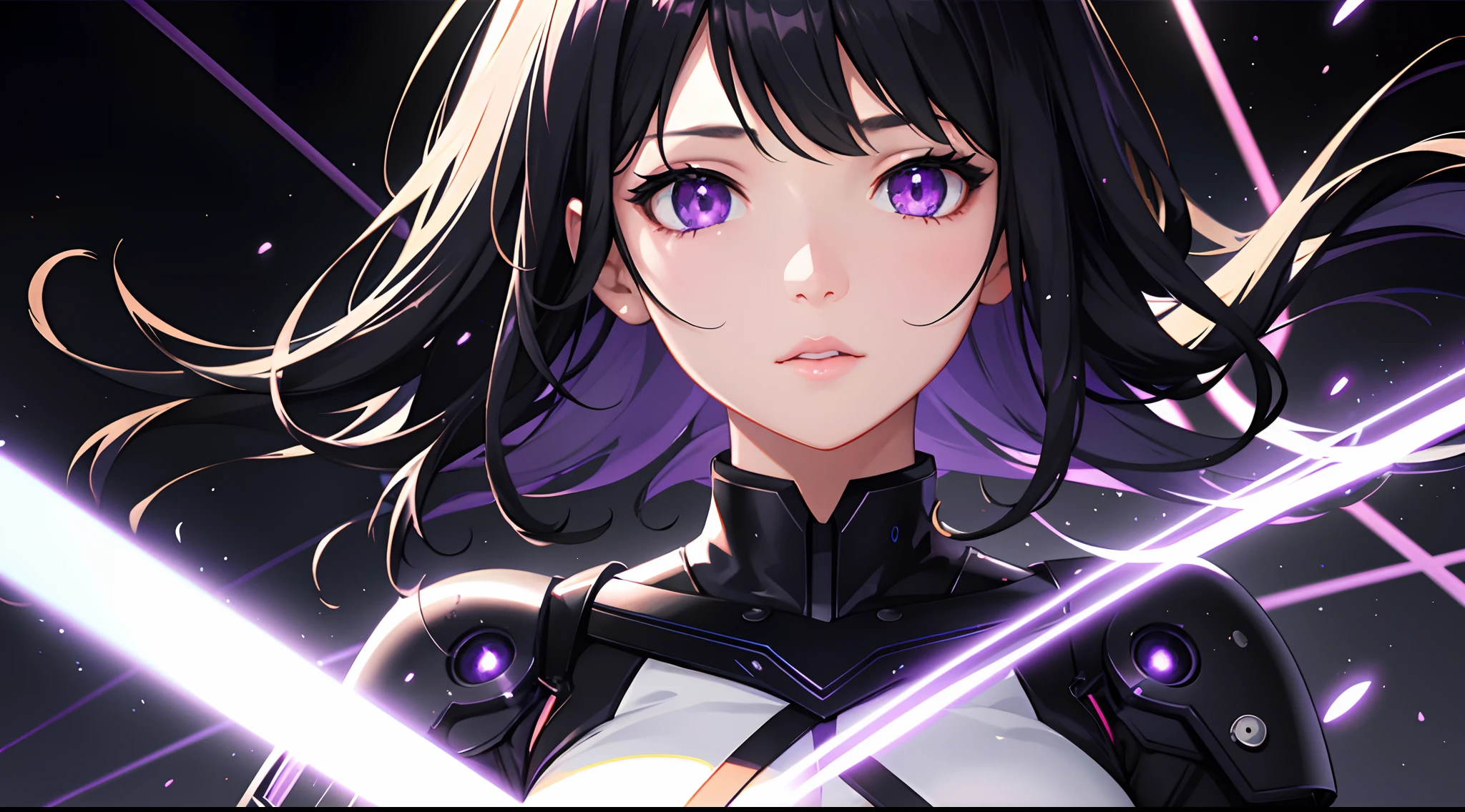 realistic, 1girl, black hair, purple eyes, light particles, light rays, wallpaper, high definition