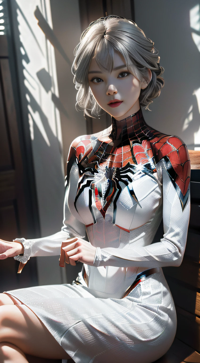 (Extreme Detail CG Unity 8K Wallpapers，tmasterpiece，Highest image quality)，(Delicate light and shadow，The picture is highly dramatic，Cinematic lens effect)，full bodyesbian，Girl in white Spider-Man lace short dress，Long silver-gray hair，From the Spider-Man parallel universe，Wenger，Marvel，Spidey，Sit on a sofa or bench，dynamicposes)，(Exceptional detail，The lighting effect is outstanding，Vista wide angle)，(Excellent rendering，Enough to stand out from the crowd)，The focus is on the white Spider-Man costume，Complex spider textures