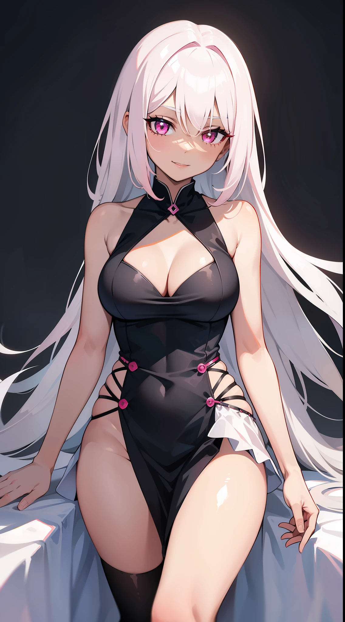 young girl, black skin, Long white hair with a pink parting, pink eyes, smirk, Vampire, White rich dress, Sleeveless, open breasts, Masterpiece, hiquality