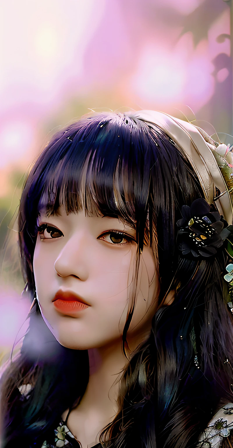 Has long black hair，Woman with a flower in her hair, chiho, flower on hair, sui ishida with black hair, girl with a flower face, She has black hair，By bangs, girl with a flower head, With flowers, tidy hair，By bangs, With bangs, flower in her hair, xintong chen, floeers in hair